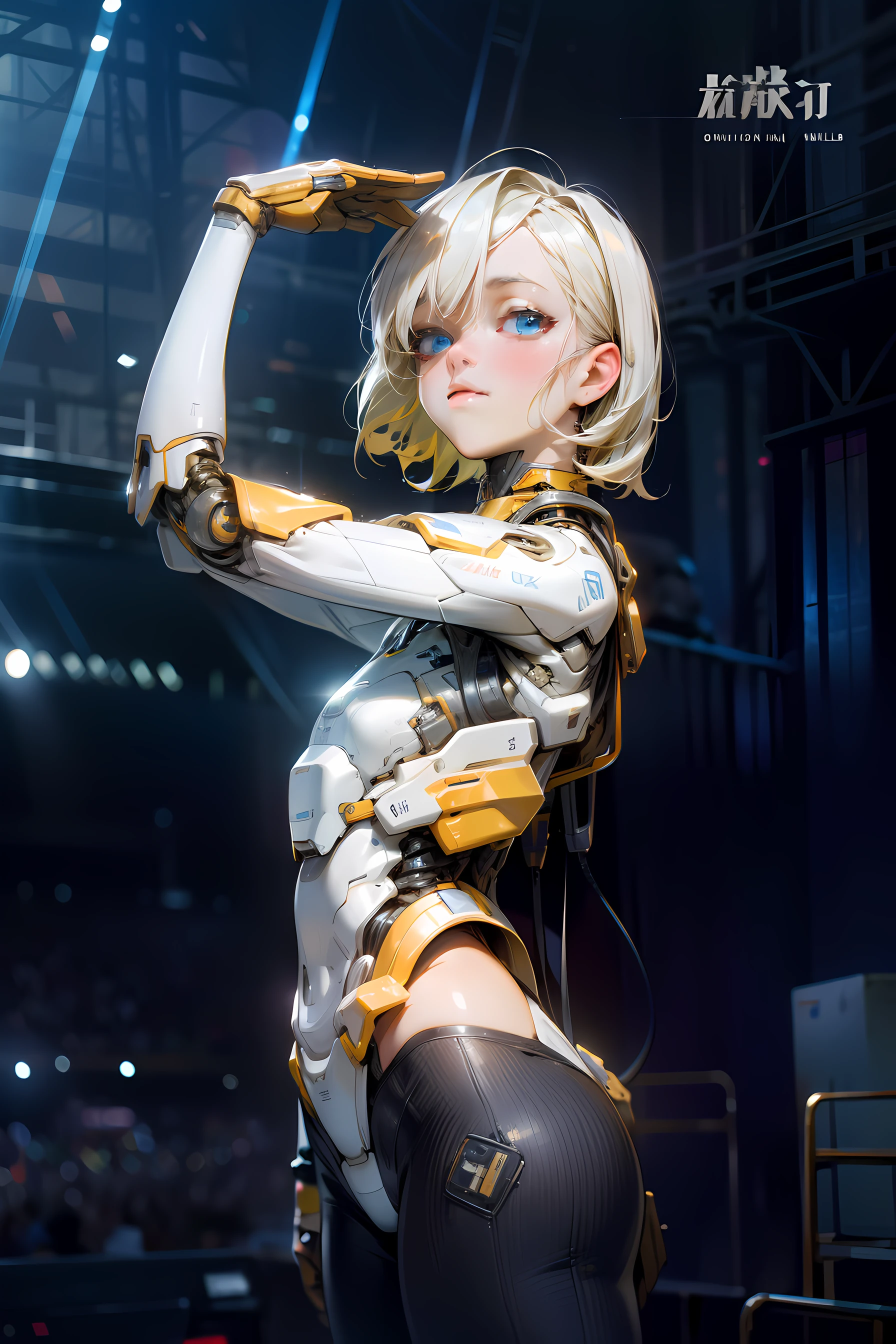 High Quality, Ultra High Resolution, Ultra Realistic, Super Detailed, Robot, mecha, Humanoid, Slim, beautiful, blue eyes, 1girl, yellow hair, short hair, Full Face, Full Body, female, Metallic, Metallic, Luxury, Metallic, One, BREAK, concert stage, detailed background, bokeh, cinematic,