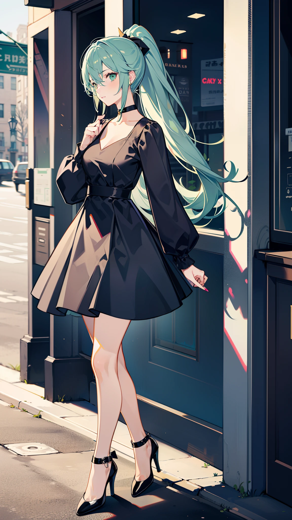 Девушка держит голову в руке, один стоит на улице, все серые с длинными рукавами, Большой V-образный вырез, серое платье, серые высокие каблуки, зеленые волосы в двойной хвост