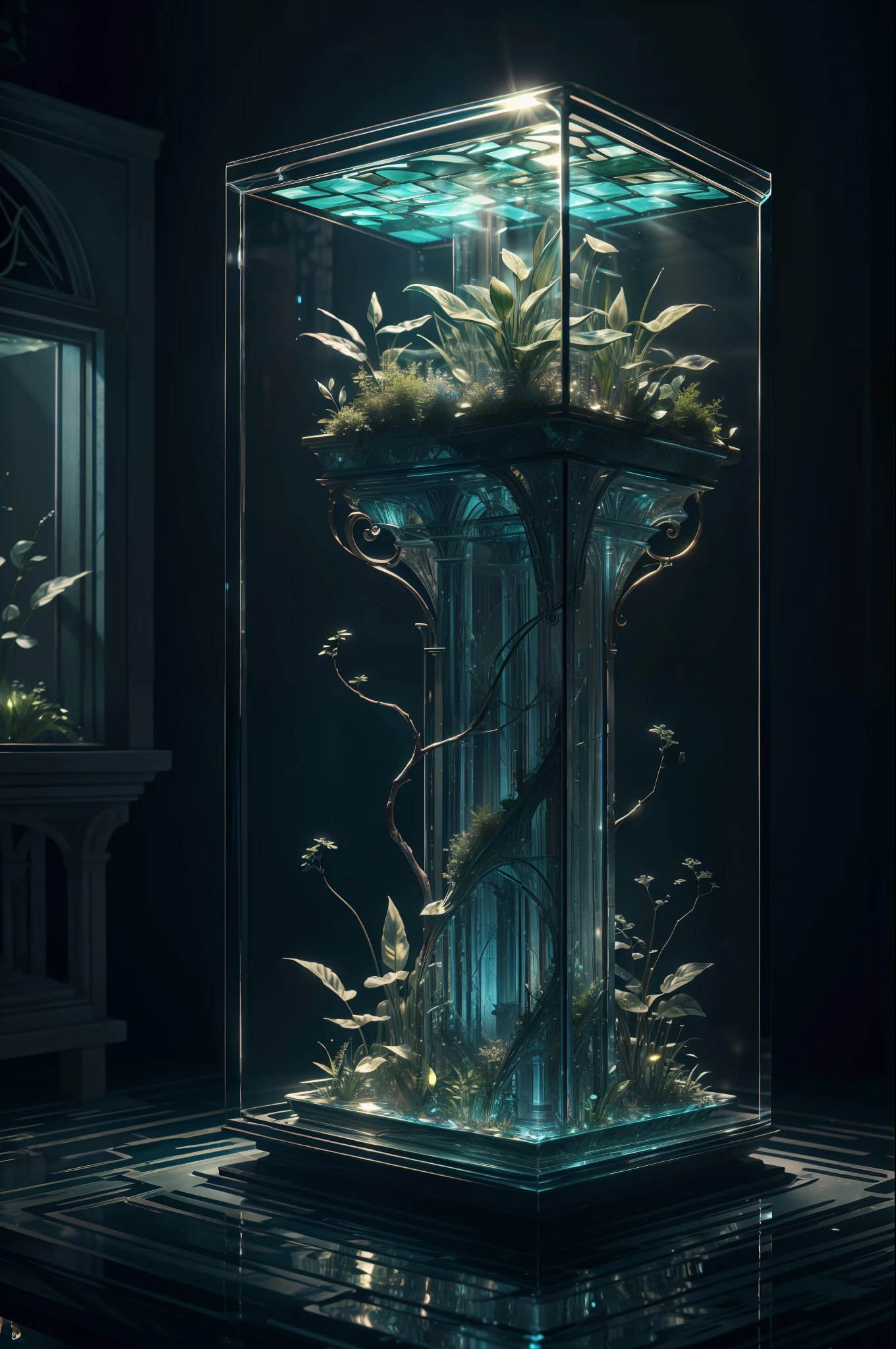 masterpiece of glass sculpture with plants inside, water, glowing, fantasy, high quality, high detail, best quality, rtx, 4k, 8k,