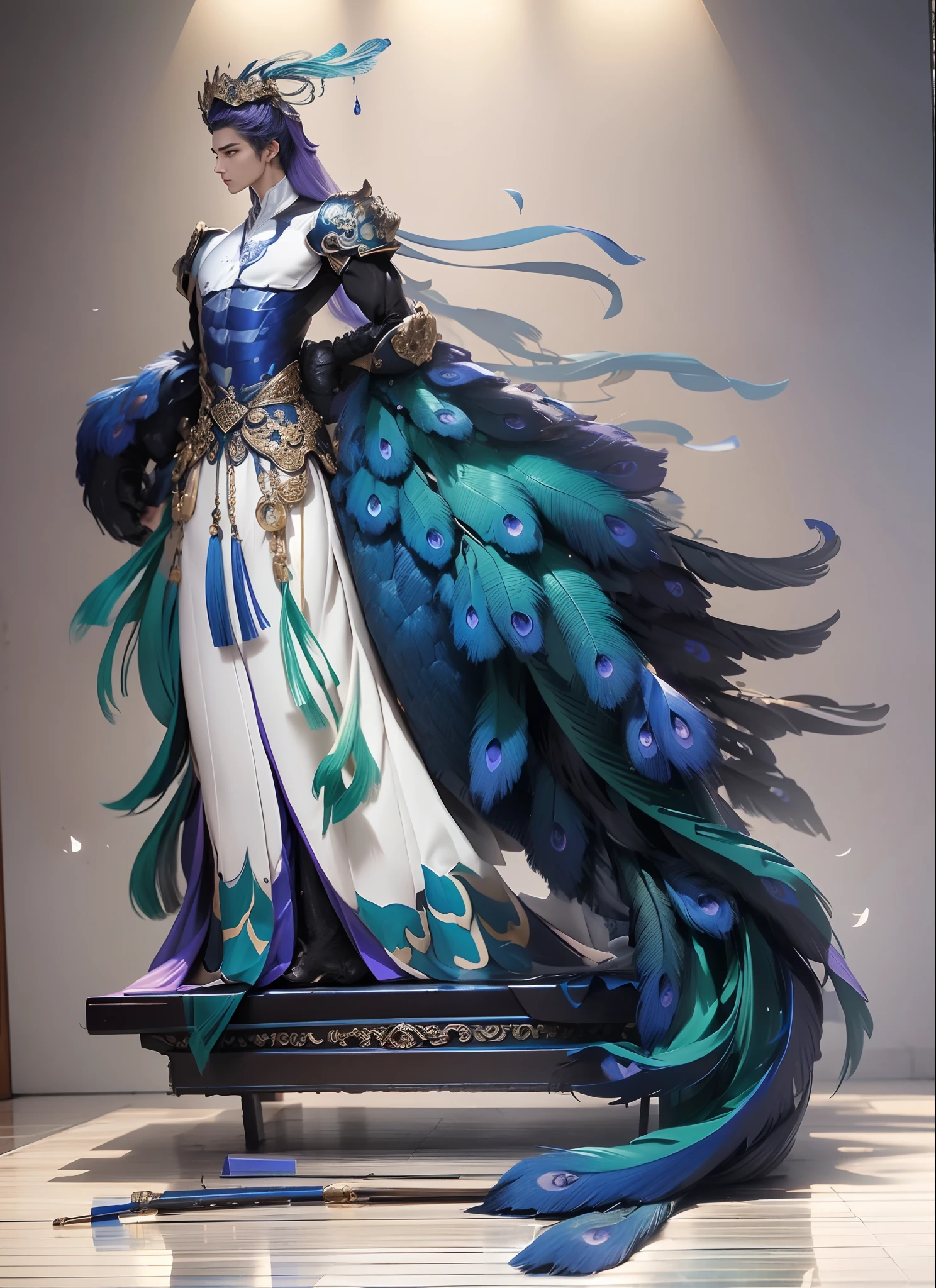 Sculpture design，Figures，GK model，The whole body of the character，（Expose the pectoralis major abs）base，sexy for，Peacock feathers，blue colors，purpleish color，green color，white colors，Handsome，Expose muscles，base，Wu Yifan，musculous，Delicate and sophisticated