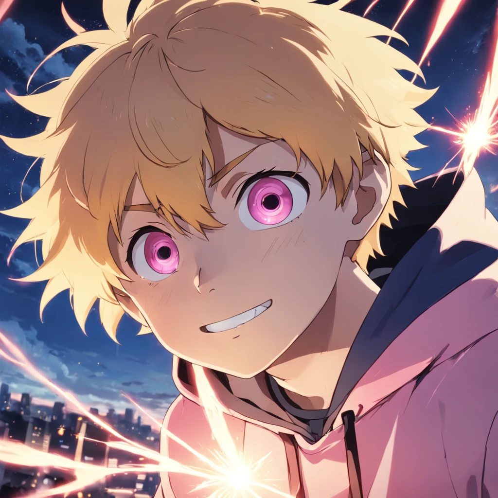 A close up of a person with blonde hair and pink eyes - SeaArt AI