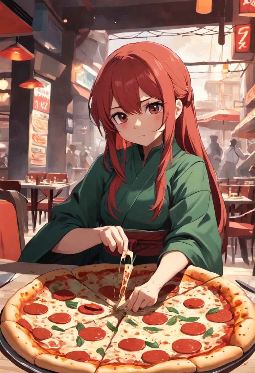 Anime girl cutting a pizza with a knife and fork - SeaArt AI