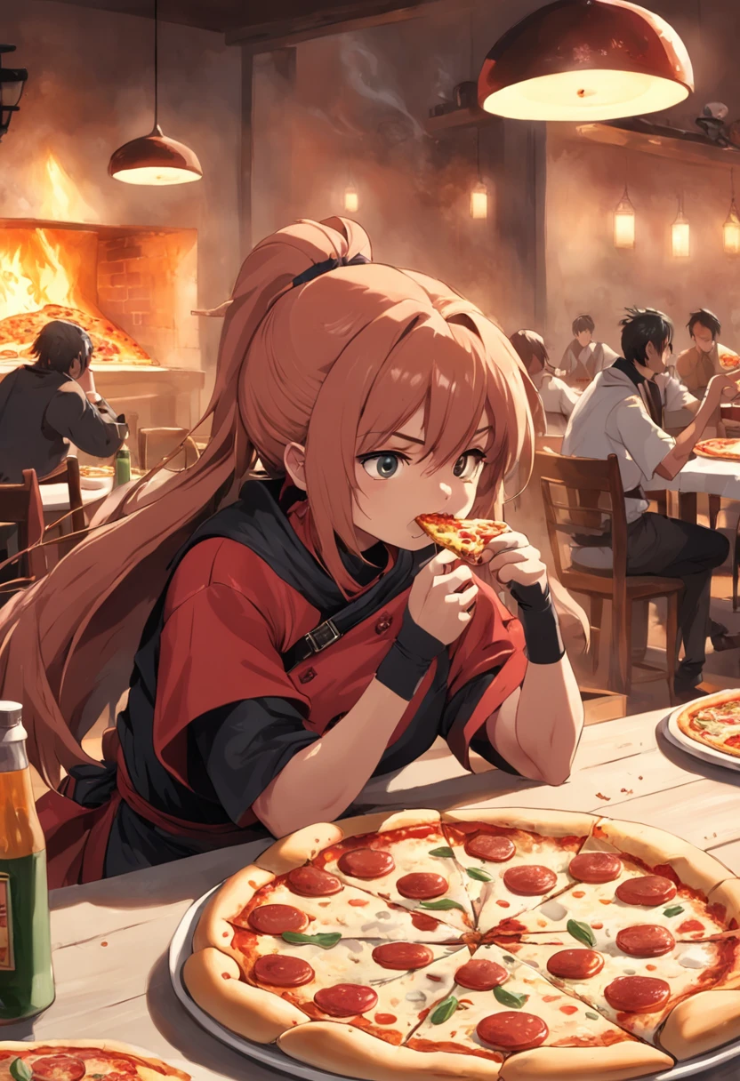 Anime girl eating pizza in a restaurant with a lot of people - SeaArt AI