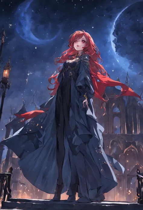 a picture of an exquisite beautiful female vampire standing under the starry night sky on the porch of her castle, dynamic angle (ultra detailed, Masterpiece, best quality), ultra detailed face (ultra detailed, Masterpiece, best quality: 1.4), ultra femini...