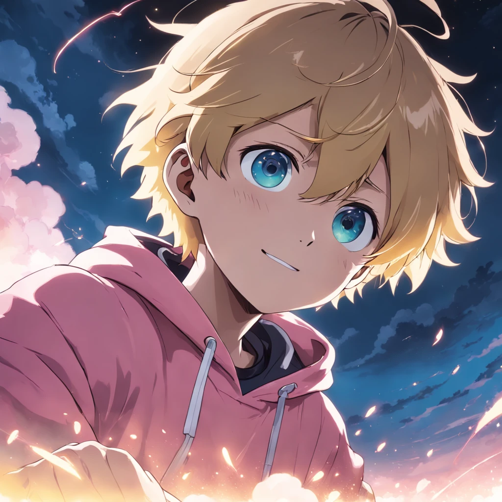 Anime boy with blonde hair and blue eyes staring at the camera - SeaArt AI