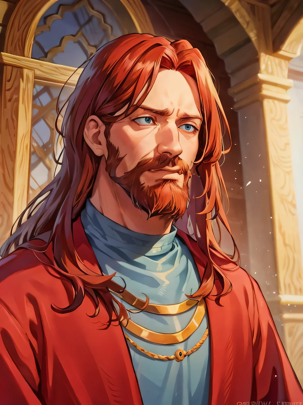 The handsome man with long and sad face, dark red long hair, goatee beard, medieval noble clothes and a wooden crown, light blue eyes, portrait