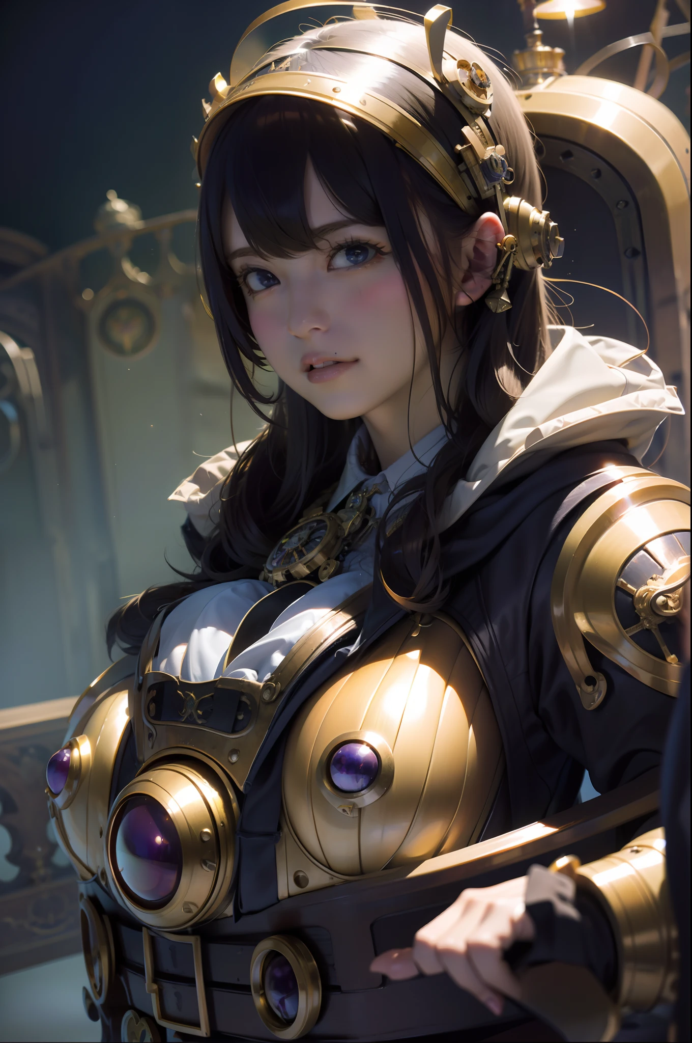 Masterpiece, high resolution, hyper-realistic photography,m, fantasy style, beautiful steampunk women, being in a hot air baloon, immersed in liquid, homunculus, magic circle, steampunk outfit, , perfect beautiful girl, laughting, 3d rendering, perspective, amazing anime illustration, impressive lighting, fantastic, dangerous, monstrous