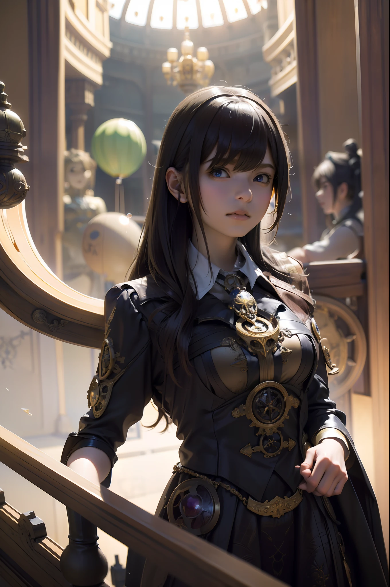 Masterpiece, high resolution, hyper-realistic photography,m, fantasy style, beautiful steampunk women, being in a hot air baloon, immersed in liquid, homunculus, magic circle, steampunk outfit, , perfect beautiful girl, laughting, 3d rendering, perspective, amazing anime illustration, impressive lighting, fantastic, dangerous, monstrous