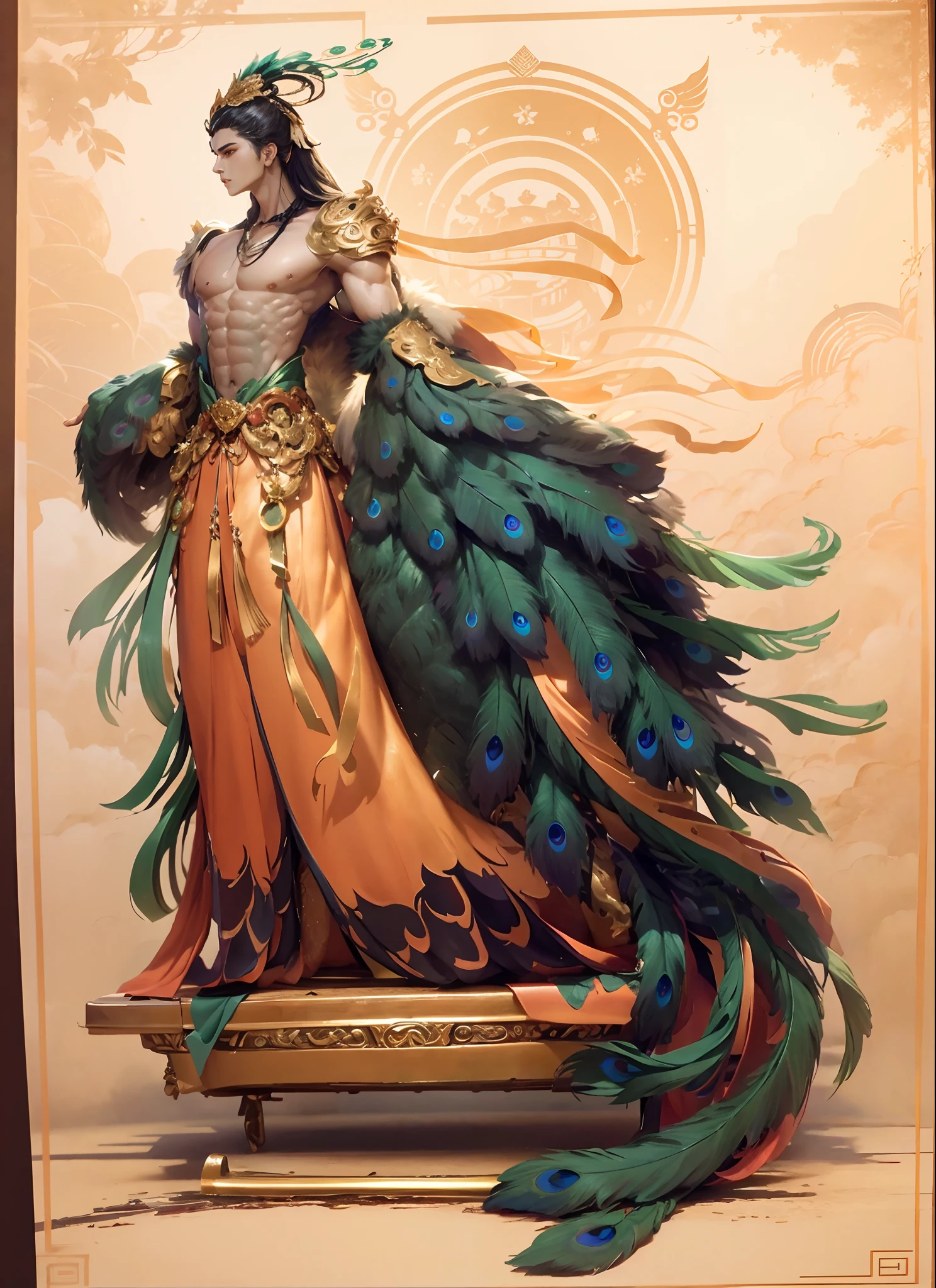 Painting of a woman in a peacock costume with a peacock tail - SeaArt AI