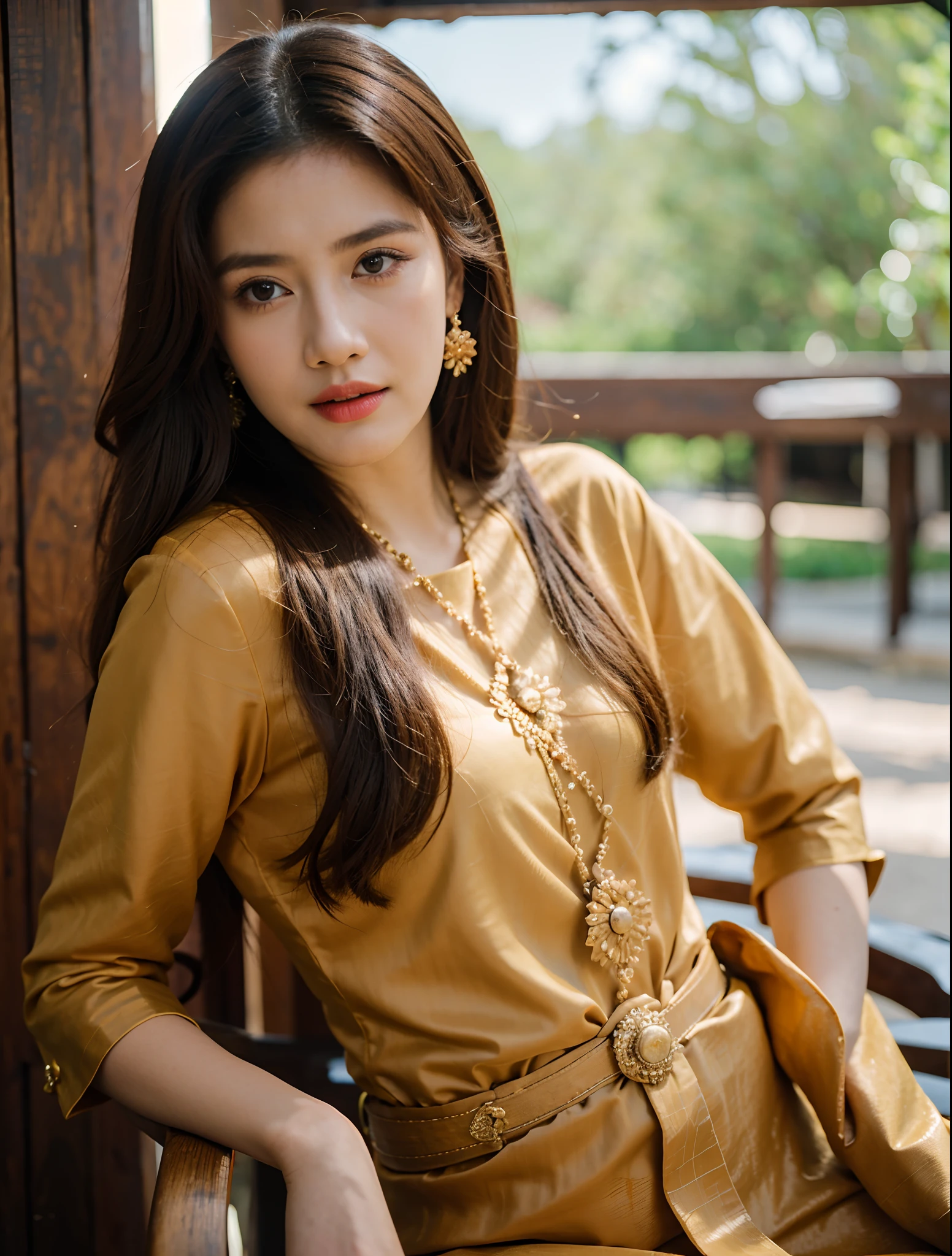 (8k,masterpiece,There's nothing wrong with it., Realistic :1.3), best quality, portrait , Realistic, face focus, 1 woman, brown long hair, Traditional Thai costume , ( comfortable:1.2), temple background, (breeze:1.2),(sun lighting:1.2)