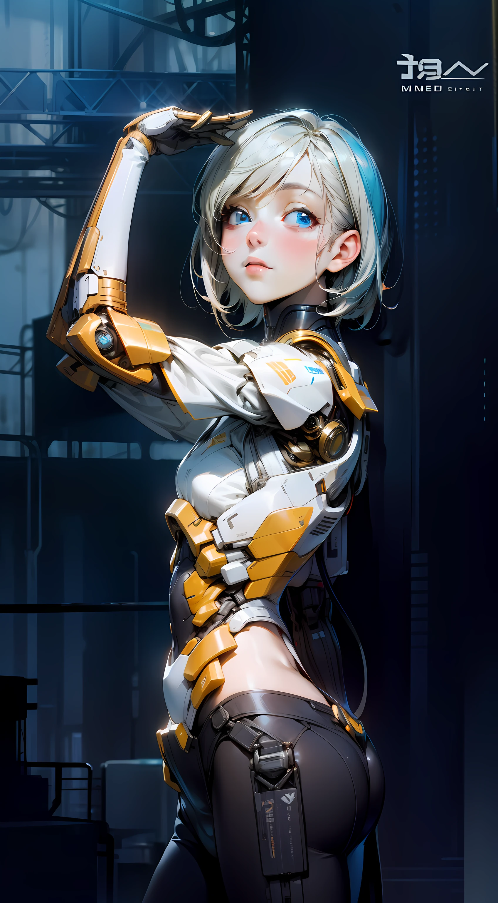 Haute qualité, ultra haute résolution, Ultra réaliste, Super détaillé, robot, mecha, humanoïde, Mince, Beau, yeux bleus, 1fille, Cheveux blonds, Cheveux courts, visage complet, tout le corps, femelle, métallique, métallique, luxe, métallique, Un, casser, scène de concert, contexte détaillé, bokeh, Cinématique,