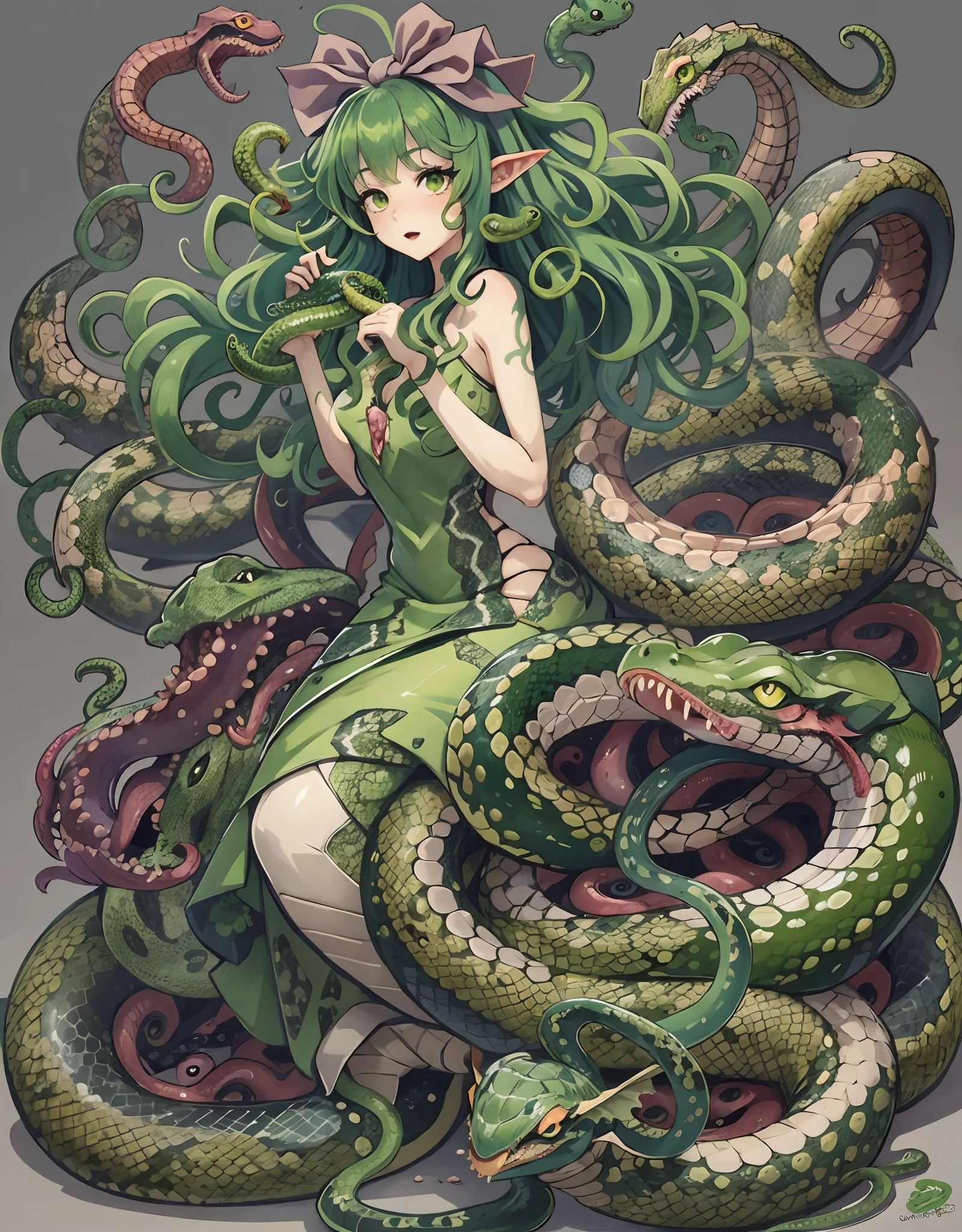 A woman with green hair sitting on a snake with tentacles - SeaArt AI