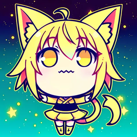 Yellow hair，Yellow eyes，dual horsetail，cat ear，Bright background，The stars dance。