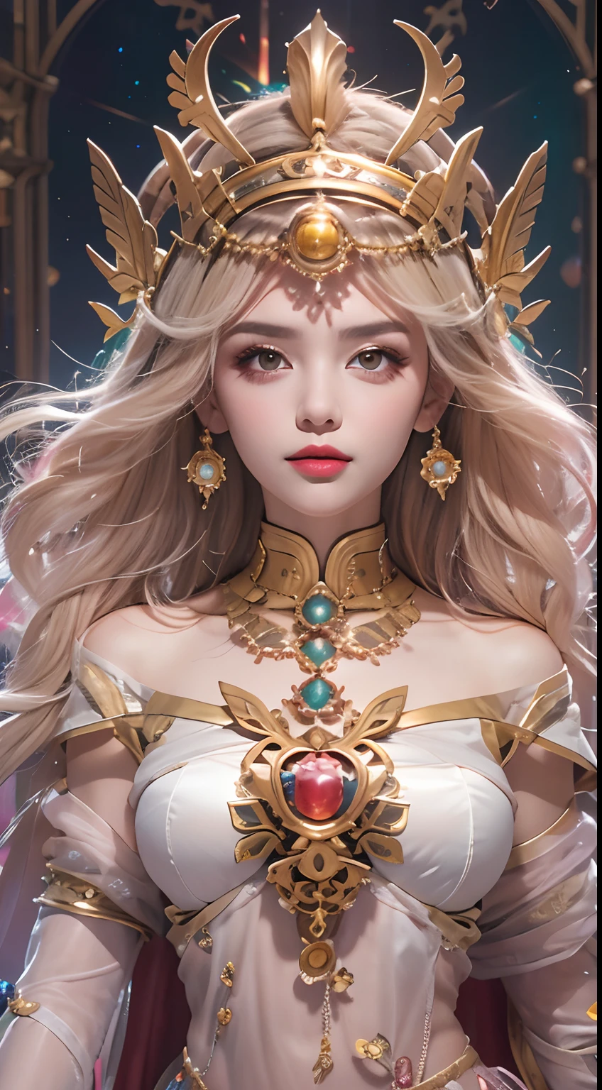 Raw photo, tmasterpiece,best pictures, High resolution, Best Quality, best pictures, The 8k quality, 8k ultra,closeup cleavage，upper body closeup，very high res, 4k quality, bokeh,  1 20-year-old girl, 1 Goddess Athena, choker,The beautiful goddess Athena has a perfect face,fullnude, The legend of the holy goddess, Idol of virginity, Elegance shines in the style of a beautiful saint, dark and mysterious version, Crown of the Holy Queen, Vermilion lips, thin and beautiful lips, don't smile, Shut up again, characters created by karol bak and pino daeni, intricate detailes, Detailed background, Extremely detailed, light magic, (Pure face without blemishes: 1.9),  small breasts with rounded upturn, Phoenix Brooch, Long whit hair，flat bangs, (Hair comes in 7 colors，like a rainbow: 1.9), beautiful face in detail and well-proportioned eyes, (transparent yellow eyes: 1.8), (big round eyes and very nice and detailed makeup: 1.8), meticulous makeup,  mysterious makeup, Bracelet, bangs and dyed light blonde, The upper part of the body , (Saint's upper body : 1.8), drooping arms, realistic and vivid images, (The stars that make up the sky: 1.7), (Sky sky and imaginary doors of time and space: 1.8) , Fictional art,Virgin icon on background, Portrait of a single female saint, Most realistic color scheme, best photo color,  Hair decoration, Necklace, Jewelry, Beautiful face, The upper part of the body, Tyndall effect, realphoto, border light, two tone light, (Pink refers to fair skin: 1.4), (high skin detail: 1.1),Digital SLR , Soft light, High quality, Amount of light, Frankness, Photo ,Smooth and sharp, Sexy Goddess, Sexy Goddess, (background space: 1 ,8), (milkyway: 1.7 ) ), Aurora, Lightning, (Aurora Background: 1.8), The most beautiful eyes, Drawing the perfect eye, Beautiful saints and flowers