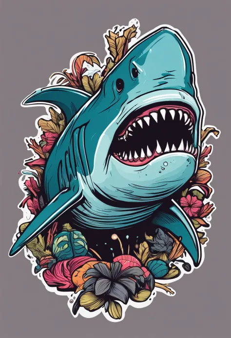 /imagine prompt: shark illustration for a sticker with a black background, in bold outline style, jagged edges, trashcore, light...