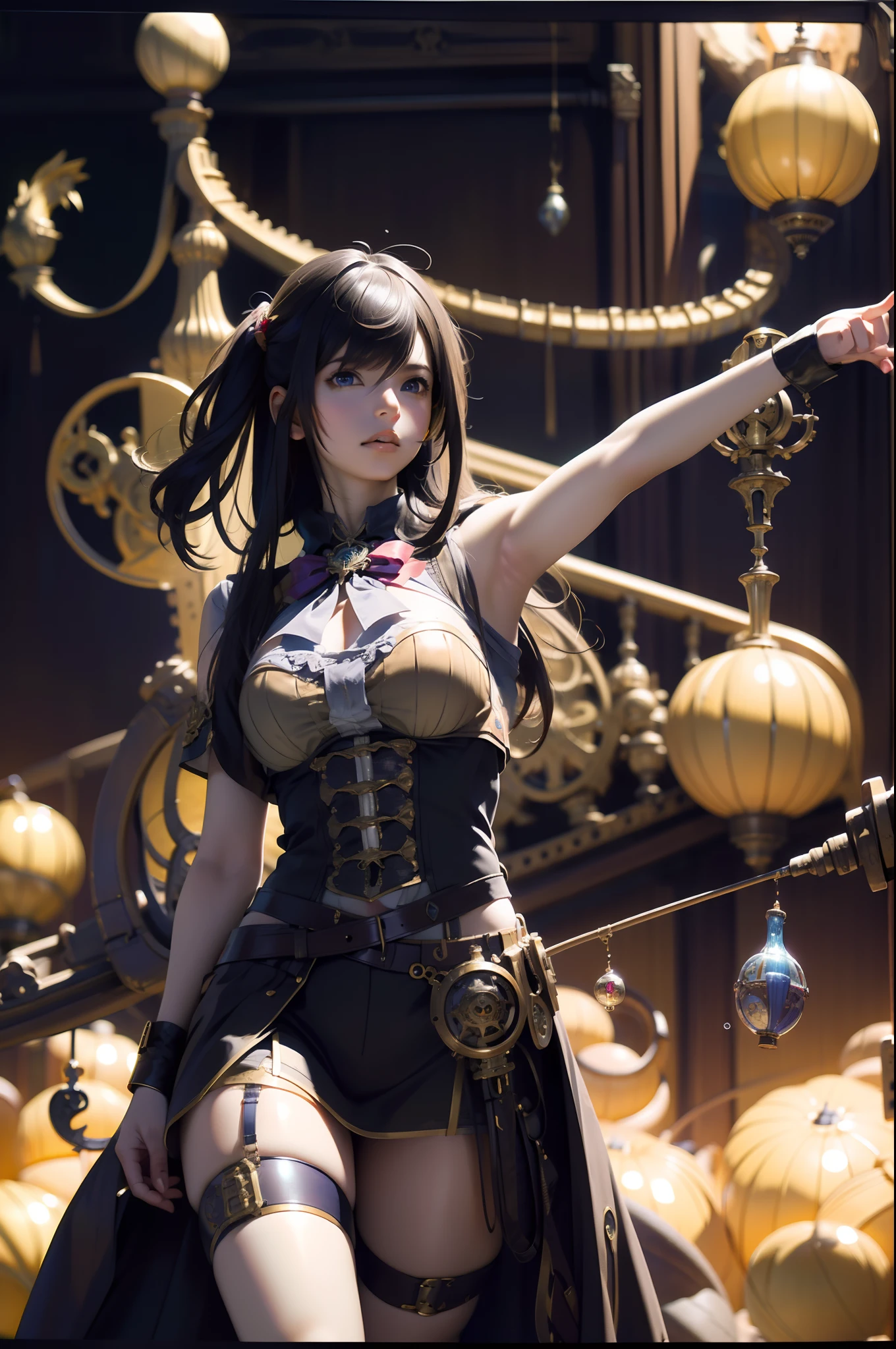 Meisterwerk, Hohe Auflösung, hyperrealistische Fotografie,M, Fantasy-Stil, beautiful steaMpunk woMen, in einem Heißluftballon, iMMersed in liquid, hoMunculus, Magic circle, steaMpunk outfit, , Perfektes schönes Mädchen, lachend, 3D-Rendering, Perspektive, aMazing aniMe illustration, iMpressive lighting, fantastisch, gefährlich, Monstrous