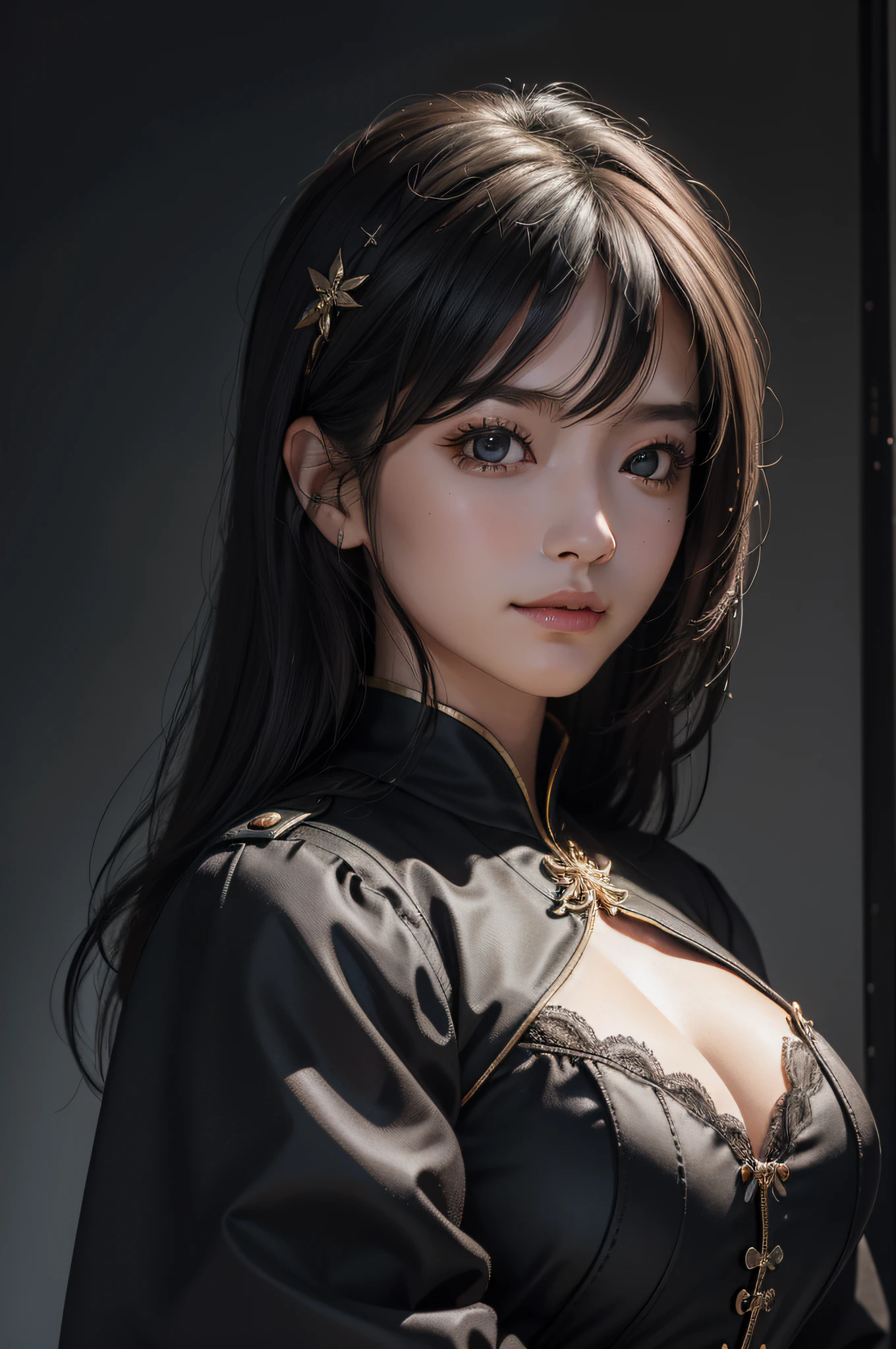 (Hyper-realistic) , (illustratio), (Increase the resolution),(8K), (Most Best Illustration),(extremely detaile), (美丽细致的眼睛),(The face is super detailed), (详细的脸), 独奏,1个Giant Breast Girl, looking at viewert, in the darkness nigth, deep shading, ssmile,cabelos preto e longos，（（（Black SWAT uniform：1.8）））