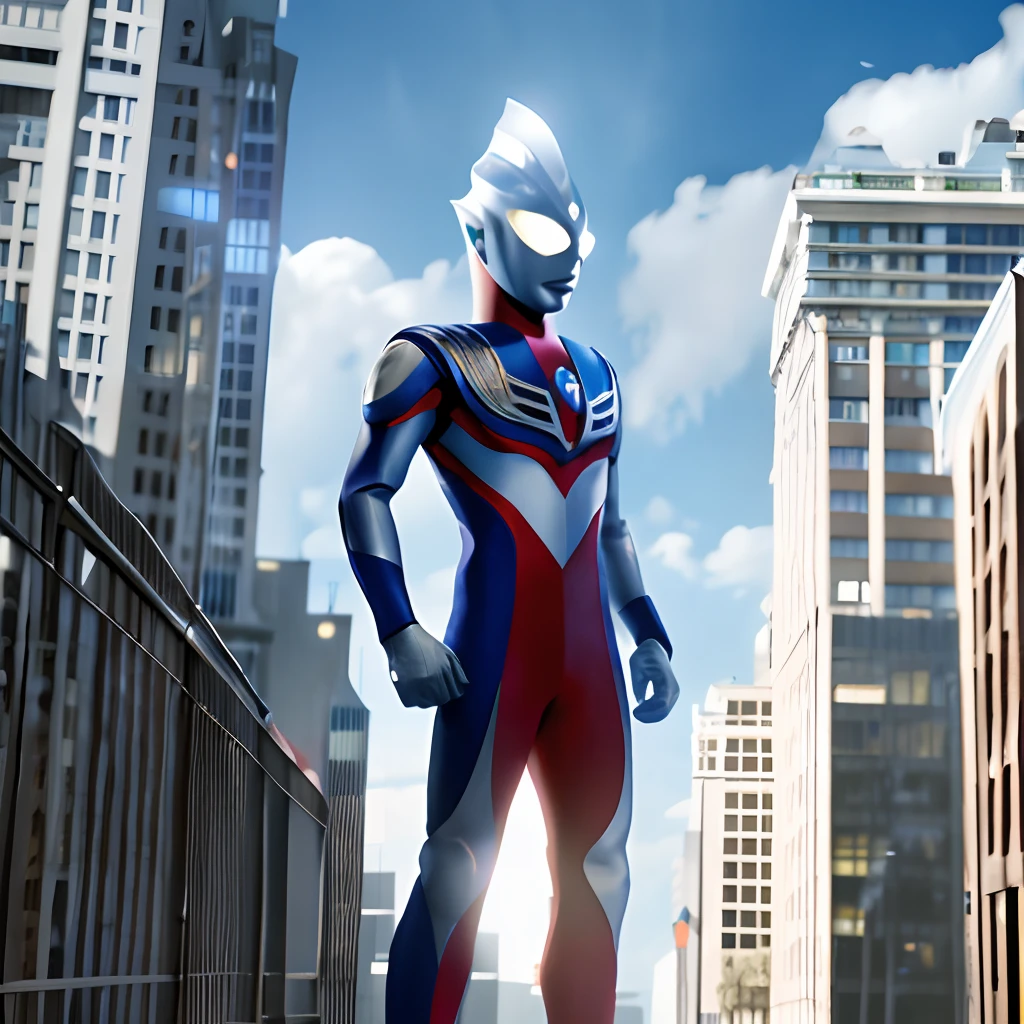 Masterpiece, best quality, 1boy, alien, male focus, solo, 1boy, tokusatsu, full body, (giant), railing, glowing eyes, glowing from below, white eyes, city, architecture, damaged buildings, tilt shift, ruins