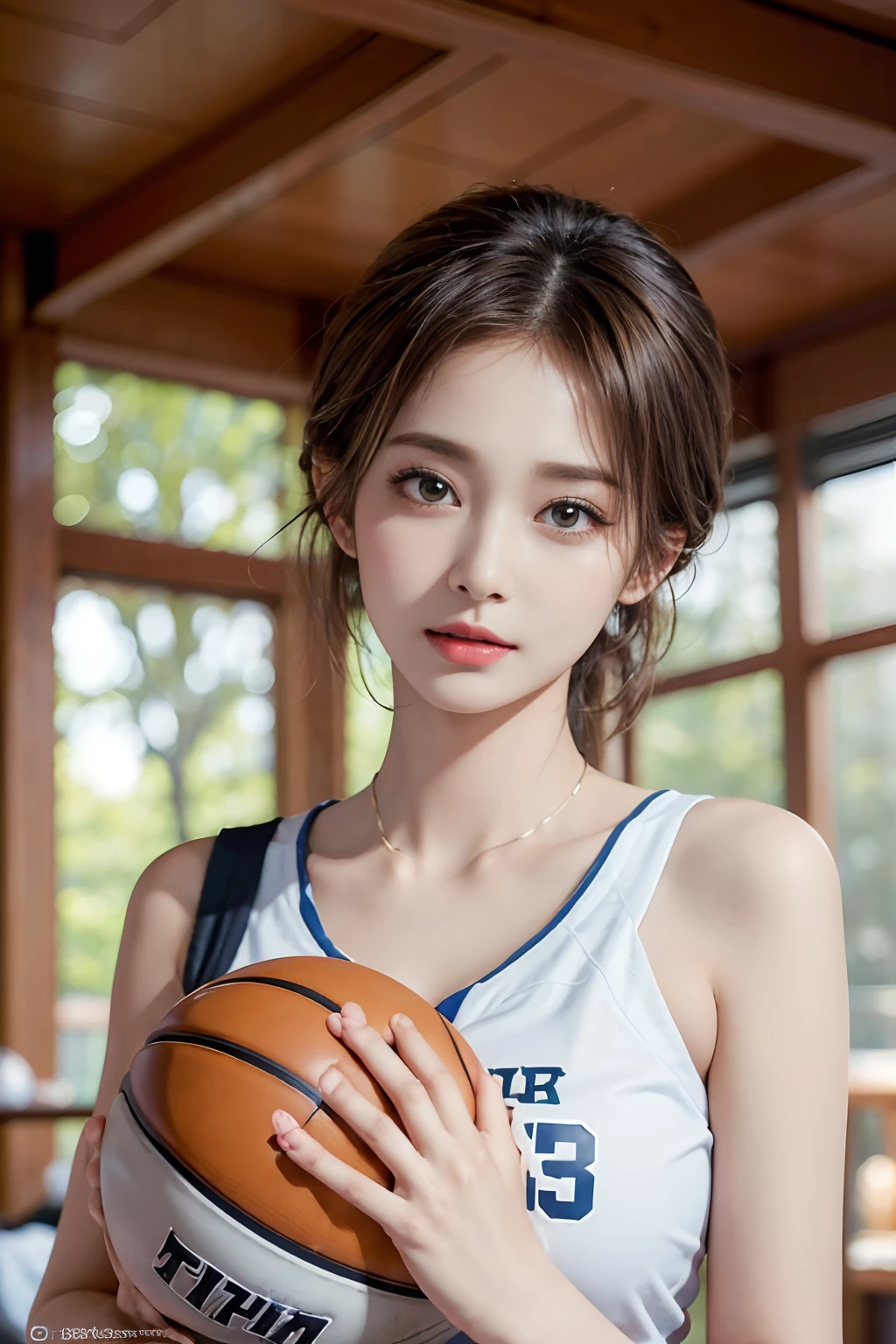 （RAW Photos，4K，tmasterpiece，hight resolution，very intricate）（realisticlying：1.4），Delicate girl illuminating facial features in a movie
1 Girls， single focus， Full body like，Summer noon， Playing the Basketball，Basketball Pose，thermography， 1990's\（styles\），White skin，(Bigchest，cleavage)， (Best Quality), (hight resolution), (extremely delicate and beautiful),,(Beautiful 8k face),(Brown eyes),(ulzzang-6500:1.0),(Large breasts),(nffsw),(Basketball sportswear),((Playing Basketball)),((Gymnasium)),((velocity)),(reality),（chiayi：1.5）， closeup cleavage， tmasterpiece， best qualtiy， RAW photogr， realisticlying， faces， incredibly absurd res， Buatigarh， adolable， short detailed hair， depth of fields， hight resolution， ultra - detailed， finedetail， Very detailed， extremely detailed eye and face， Sharp pupils， pupil realistic， tack sharp focus， cinmatic lighting