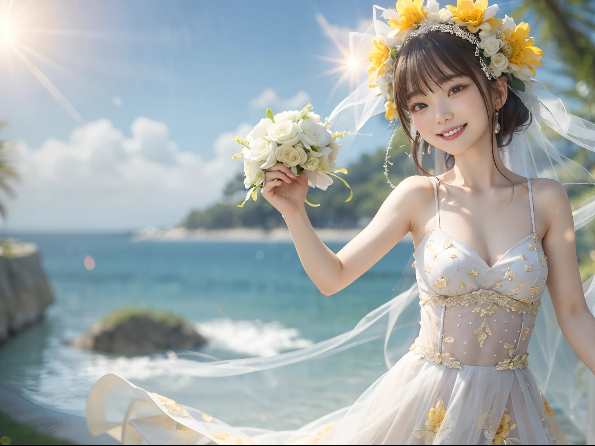 full bodyesbian、((lensflare))、((Constricted waist circumference))、((Smiling)),((((27yo)))),(((Smaller bust))))、(((Colorful Wedding Dresses)))、(((Muscle feeling)))、(((photorealisim:6, realisitic)))、shorth hair、pale-skinned、looking at the viewers、the beach、coastline、the wind、vague、 8K UHD、Digital SLR、softlighting、hightquality、top-quality、超A high resolution、(Photorealsitic:1.4)、beautiful smiling face, Beautiful detailed sky, 电影灯光, depth of fields, Lens flare light、(A smile:1.15)、(Mouth closed)tiny chest、beautiful finely detailed eyes、Floating hair Nova frog style