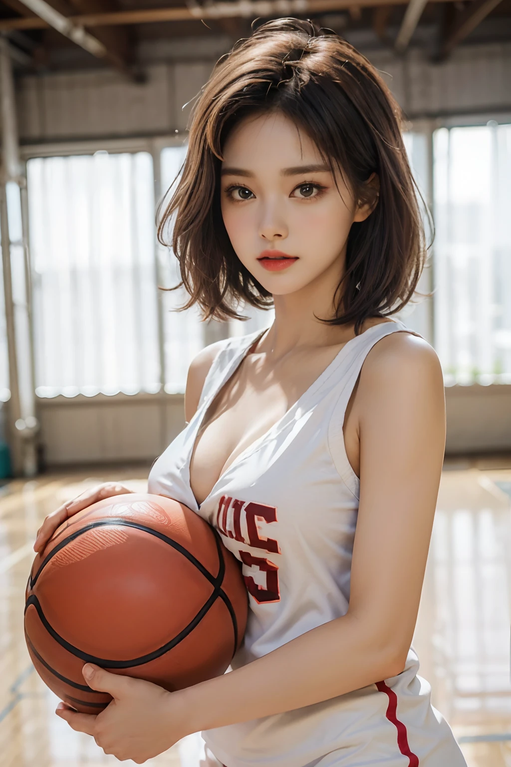 （RAW Photos，4K，tmasterpiece，hight resolution，very intricate）（realisticlying：1.4），Delicate girl illuminating facial features in a movie
1 Girls， single focus， Full body like，Summer noon， Playing the Basketball，Basketball Pose，thermography， 1990's\（styles\），White skin，(Bigchest，cleavage)， (Best Quality), (hight resolution), (extremely delicate and beautiful),,(Beautiful 8k face),(Brown eyes),(ulzzang-6500:1.0),(Large breasts),(nffsw),(Basketball sportswear),((Playing Basketball)),((Gymnasium)),((velocity)),(reality),（chiayi：1.5）， closeup cleavage， tmasterpiece， best qualtiy， RAW photogr， realisticlying， faces， incredibly absurd res， Buatigarh， adolable， short detailed hair， depth of fields， hight resolution， ultra - detailed， finedetail， Very detailed， extremely detailed eye and face， Sharp pupils， pupil realistic， tack sharp focus， cinmatic lighting