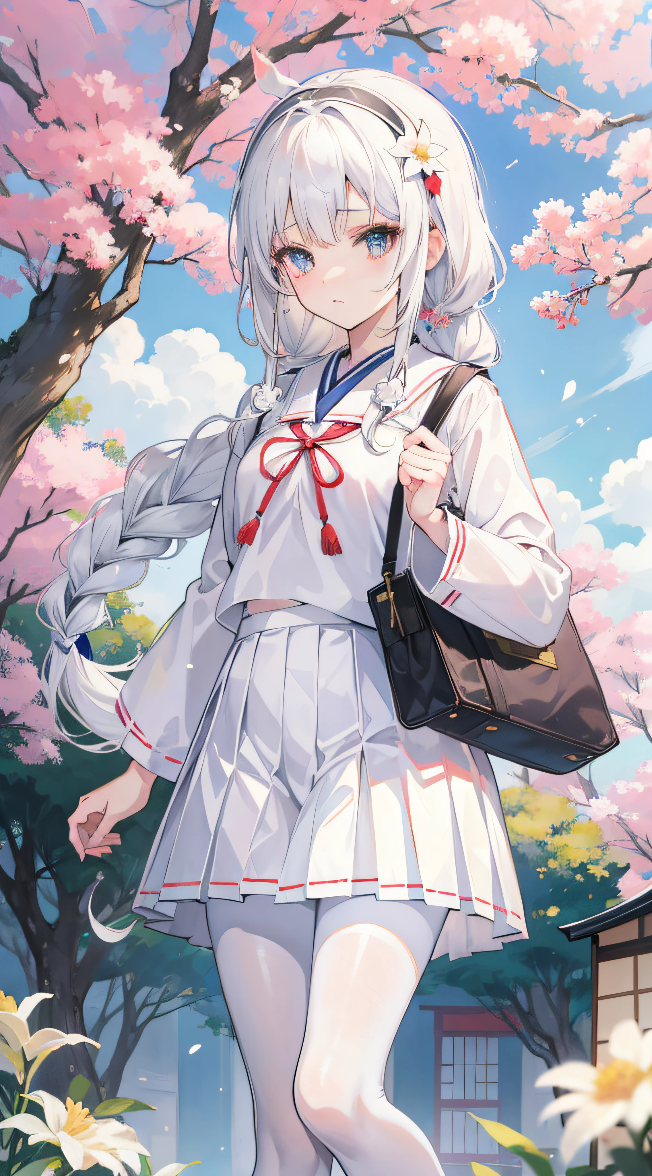 anime girl, alone, white hair, long hair, Japanese school dress, pleated skirt, white pantyhose, holding a bag, kyoto, Japanese high school, has a white flower on her hair, braid on her hair acting as a headband,