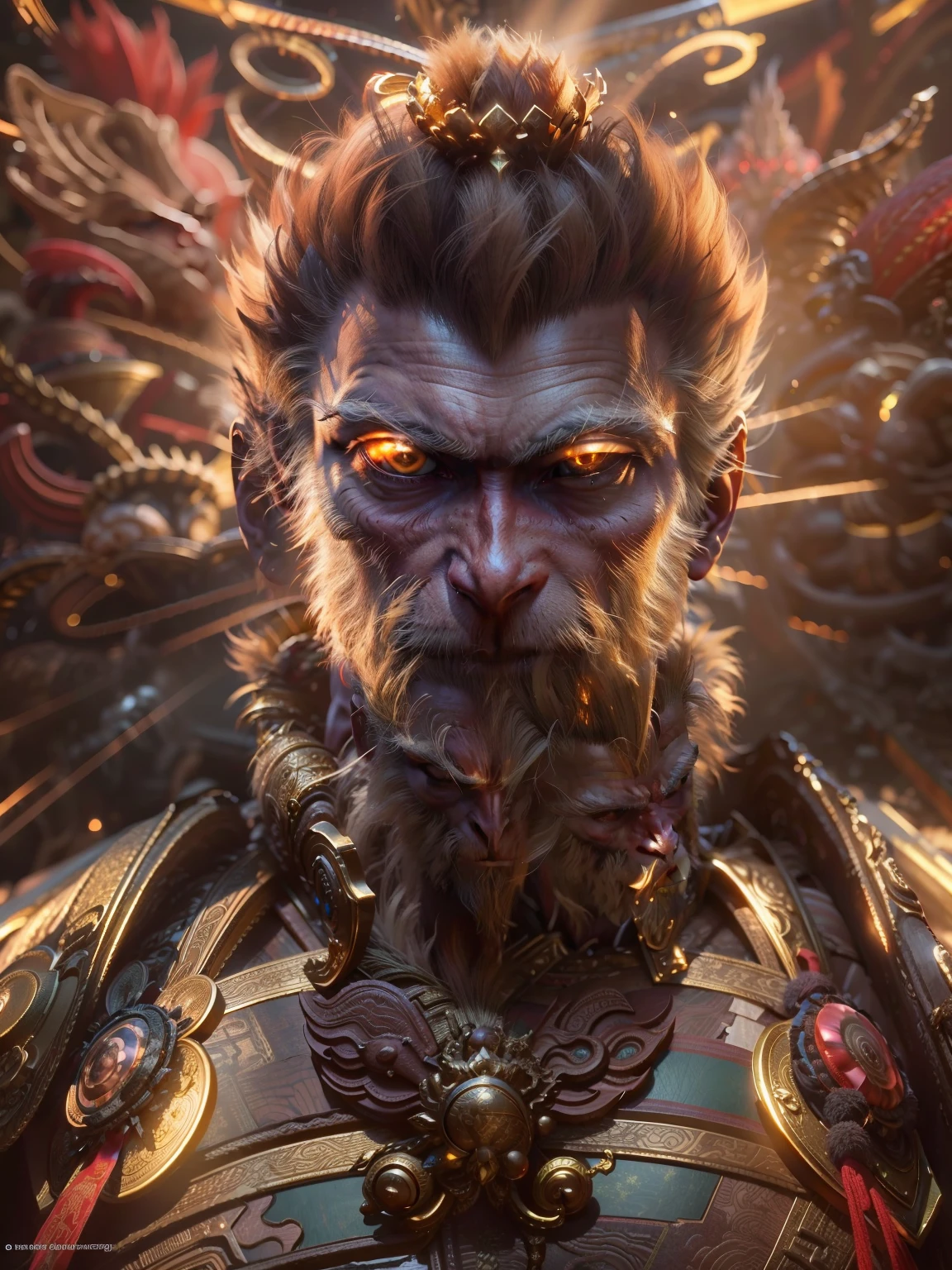 Highly detailed portrait of the Monkey King Halo God，A huge golden aura behind his head emitted a vibrant golden light，golden colored，unreal-engine，globalillumination，The picture is bright，God Ray，The background is a huge golden halo，ancient Chinese style mythology，detailed and complex environment，unreal-engine，globalillumination，The picture is bright，God Ray，detailed and complex environment，