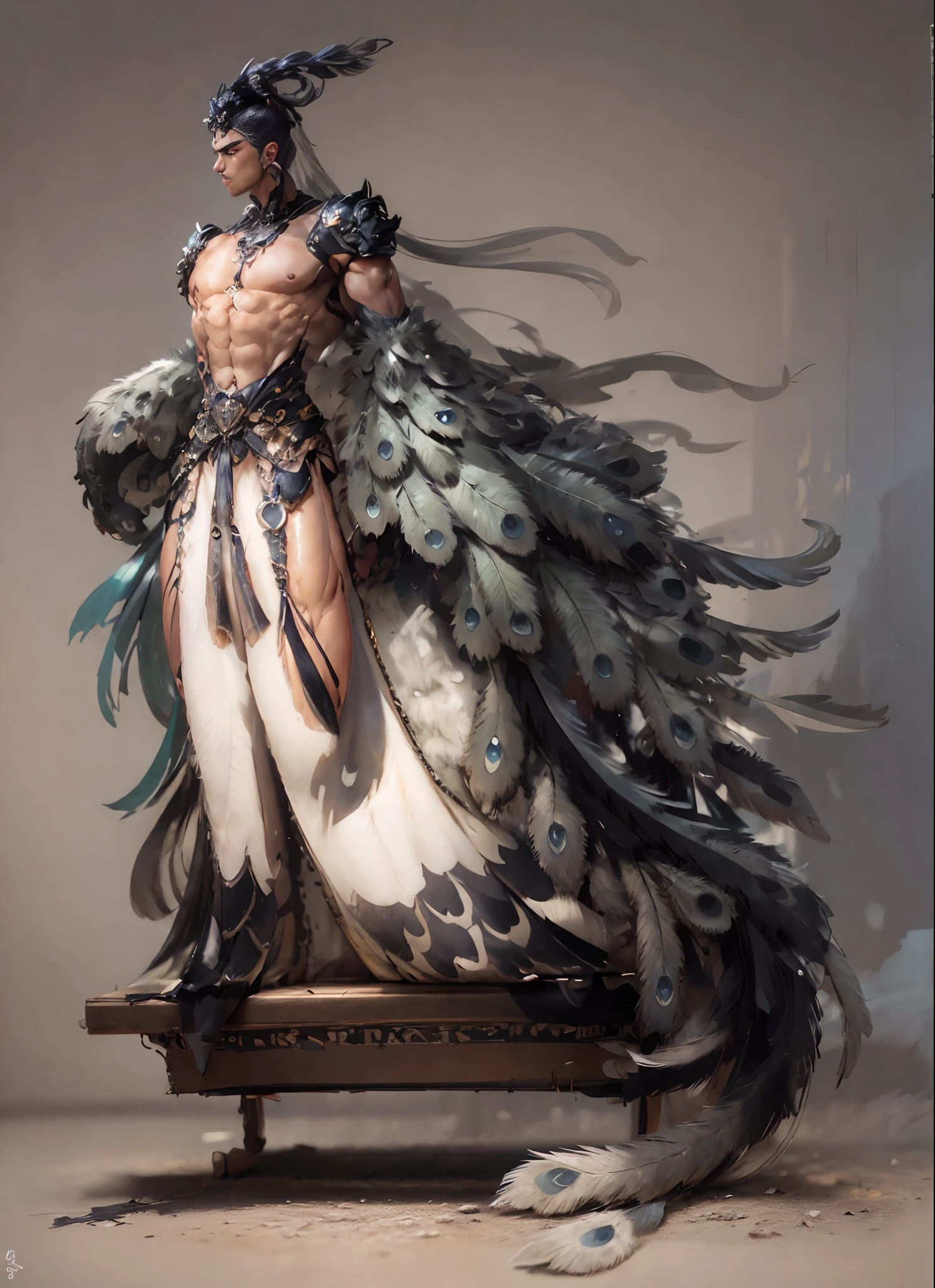 Sculpture design，Figures，GK model，The whole body of the character，base，sexy for，Peacock feathers，Handsome，（Exposing the pectoral muscles）Expose muscles，base，Wu Yifan，musculous，Delicate and sophisticated