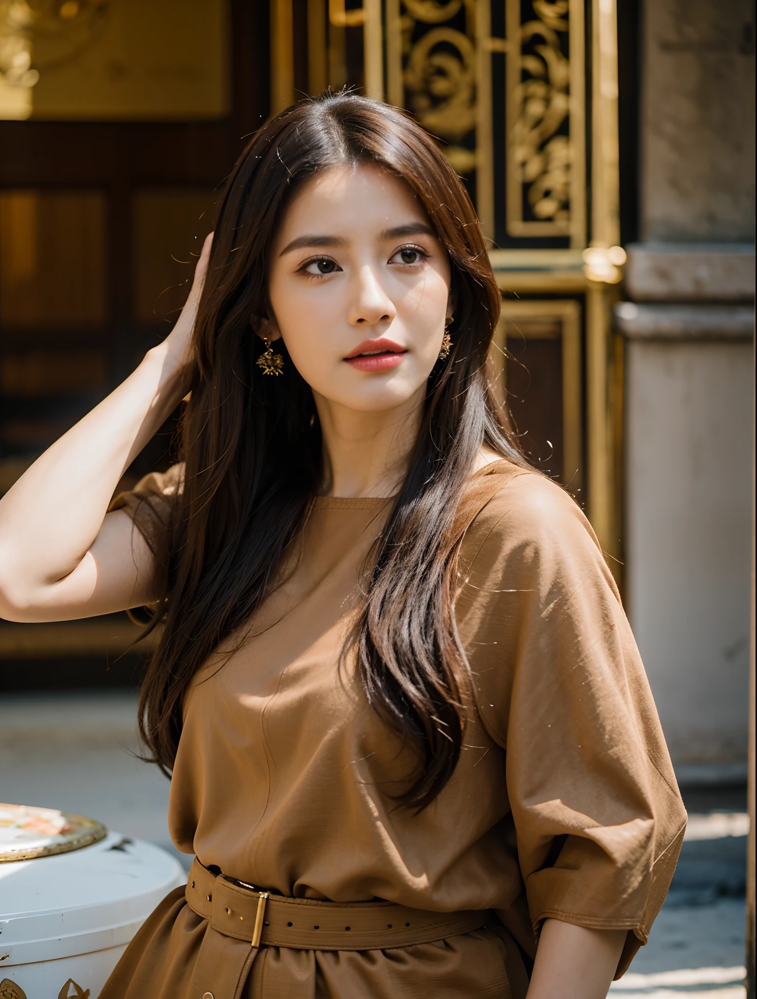 (8k,masterpiece,There's nothing wrong with it., Realistic :1.3), best quality, portrait , Realistic, face focus, 1 woman, brown long hair, Traditional Thai costume , ( comfortable:1.2), temple background, (breeze:1.2),(sun lighting:1.2)