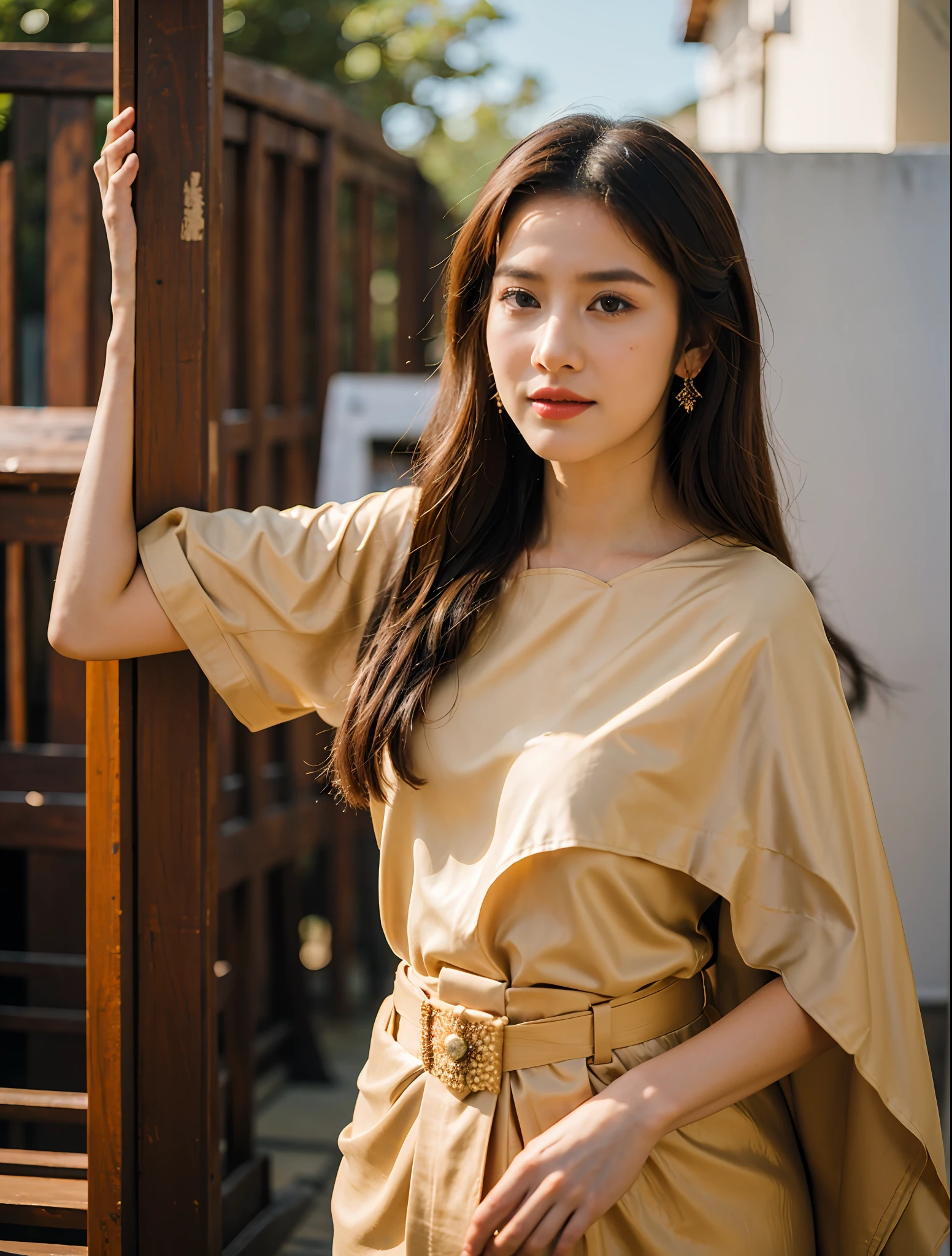 (8k,masterpiece,There's nothing wrong with it., Realistic :1.3), best quality, portrait , Realistic, face focus, 1 woman, brown long hair, Traditional Thai costume , ( comfortable:1.2), temple background, (breeze:1.2),(sun lighting:1.2)