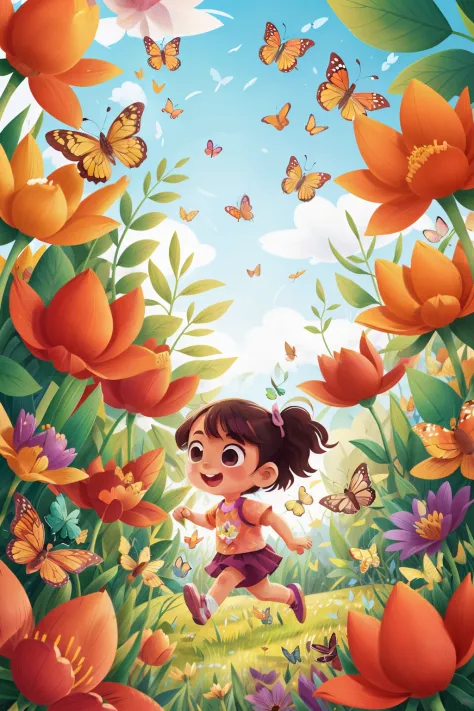 Generates an image of a very young girl running happily in a flowery field, surrounded by butterflies of various shades of color