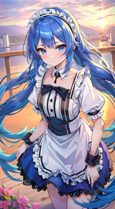 anime girl, alone, blue hair, long hair, headband on hair, maid, park, sunset, wind