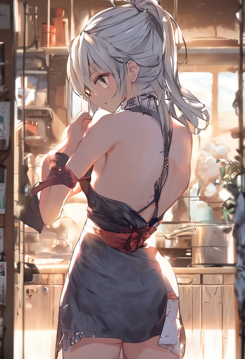 Anime girl in a short skirt and boots standing in a kitchen - SeaArt AI