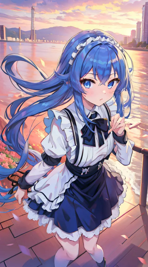 anime girl, alone, blue hair, long hair, headband on hair, maid, park, sunset, wind