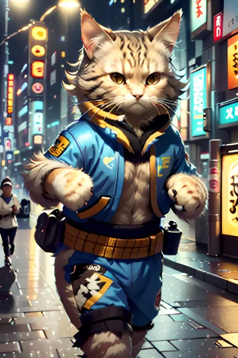 c4ttitude, Attentive eyes, fur, challenger, agile, engaging, Fashion clothing, nylon, Fast paws, walking on a street, boxing pose, (Tokyo Night Street Background 2021), Masterpiece, Best quality, Ultra-detailed,8K wallpaper, Hyper-Resolution, Unreal 5