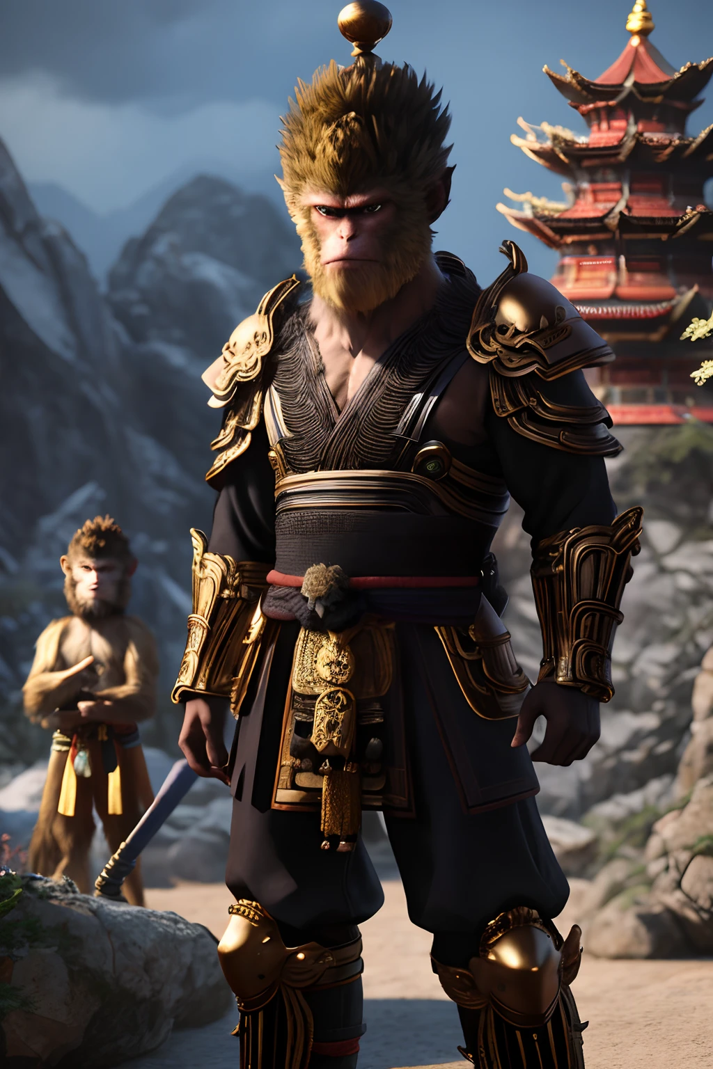 Wukong（black myth），
1boys， 独奏， malefocus， A detailed eye， Shadowed face，Stand in the Heavenly Court against the Heavenly Soldier Heavenly General，fur chest，armour，Monkey King clothes，Monkey King armor
Unreal Engine，8K，super detailing，