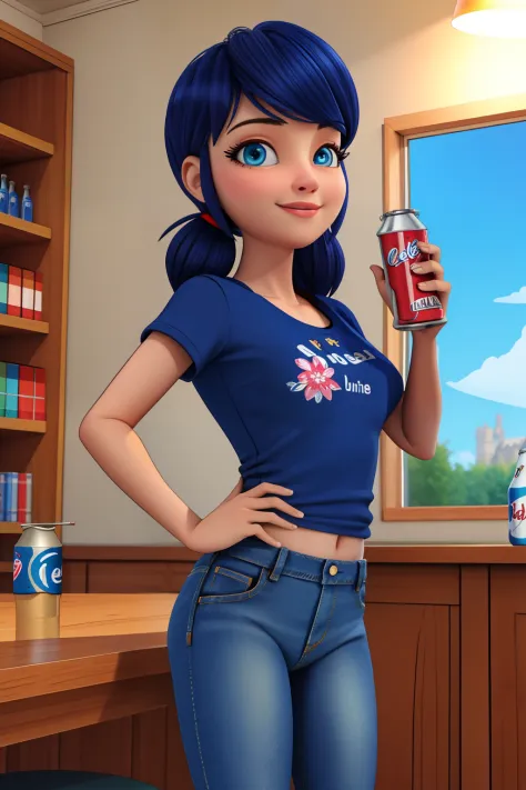 (8k, RAW photo, best quality, masterpiece:1.2), (intricate details), perfect eyes, perfect face, perfect lighting, beautiful, (masterpiece:1.2), (best quality:1.2), 1girl, solo, marinette, blue hair, adult torso, 17 years old, slight smile, medium sized br...