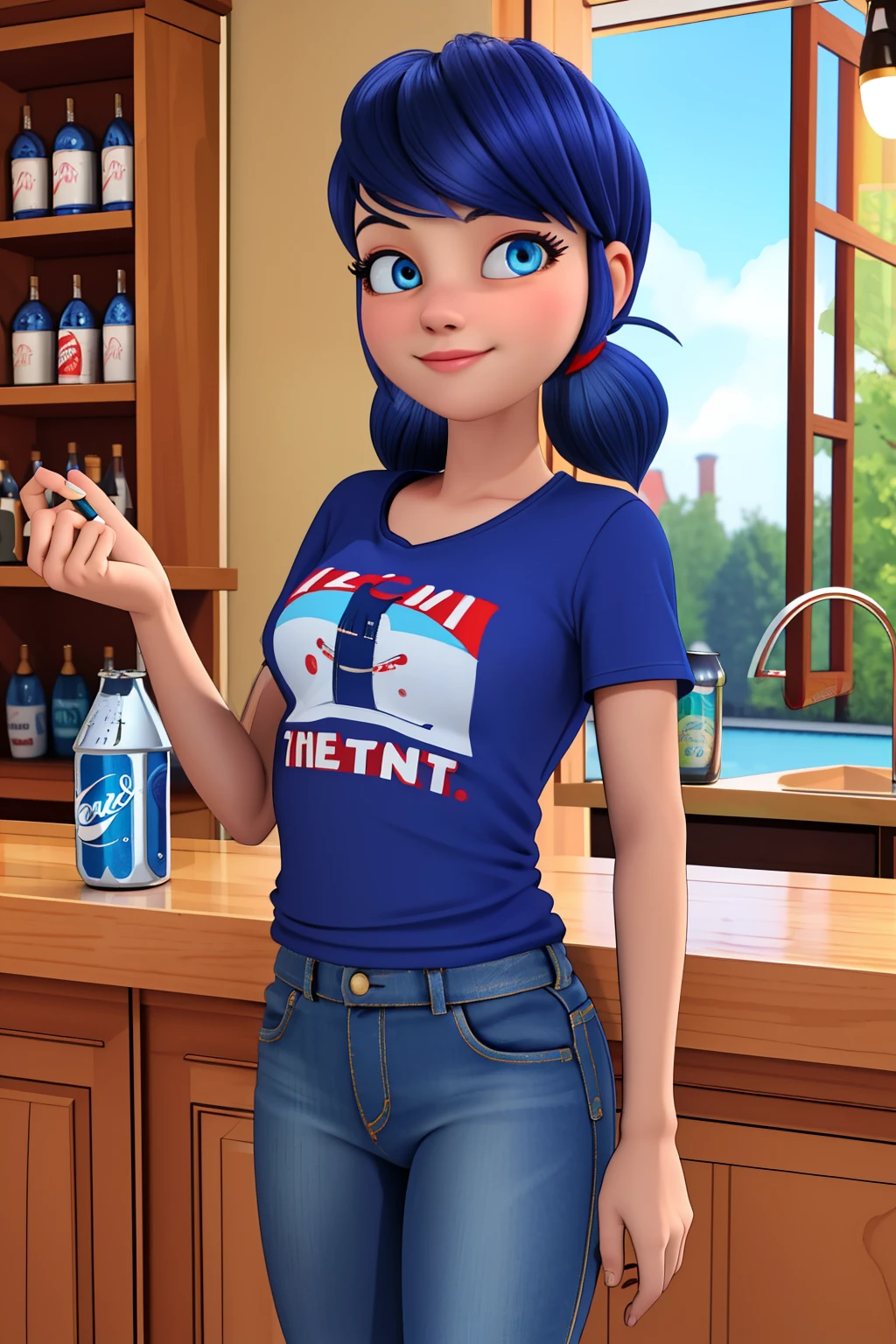 (8k, RAW photo, best quality, masterpiece:1.2), (intricate details), perfect eyes, perfect face, perfect lighting, beautiful, (masterpiece:1.2), (best quality:1.2), 1girl, solo, marinette, blue hair, adult torso, 17 years old, slight smile, (jeans, red t-shirt), holding a glass can of soda, cowboy shot, 3DMM