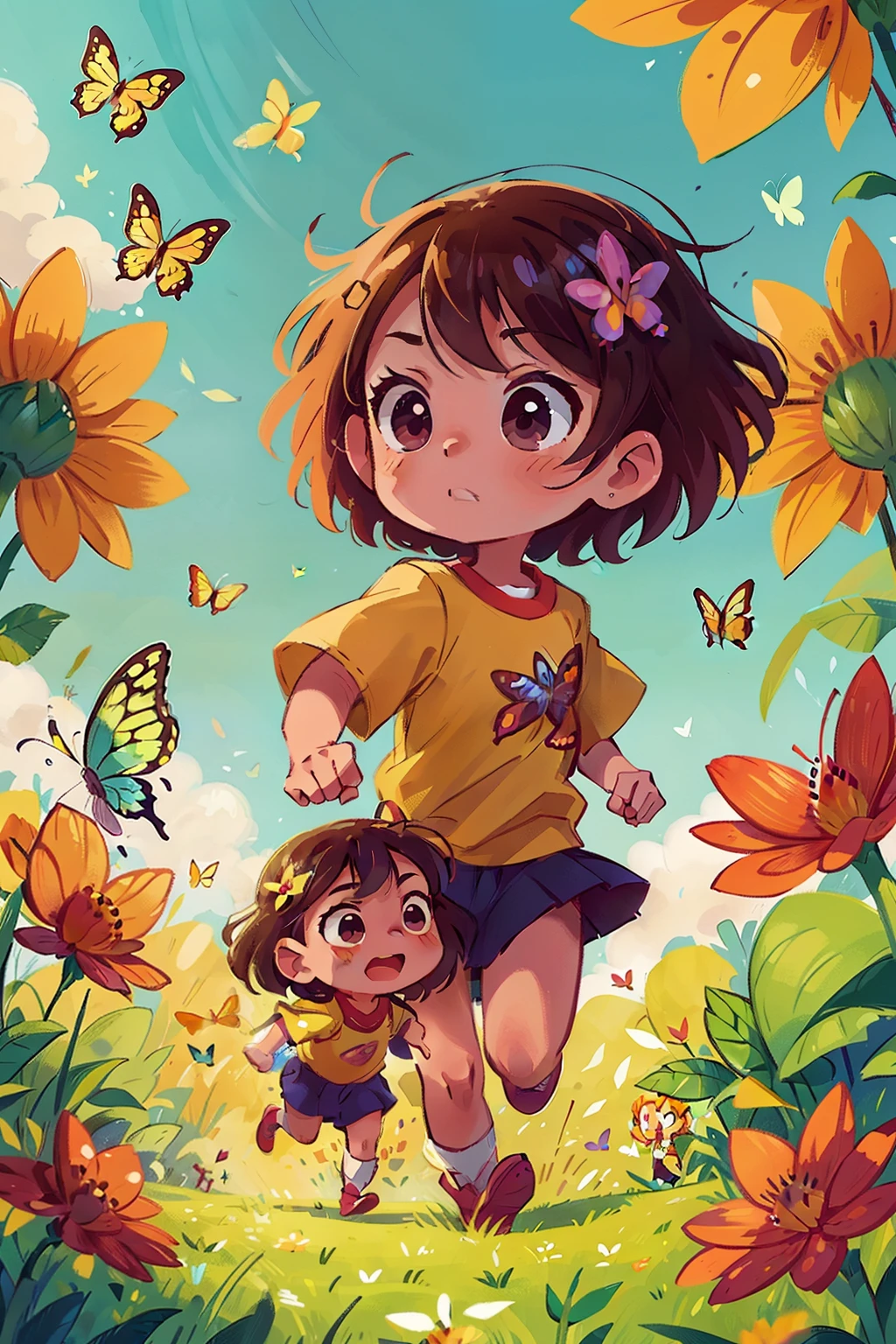 Gera uma imagem de duas meninas muito jovens correndo felizes em um campo florido, cercado por borboletas de vários tons de cor