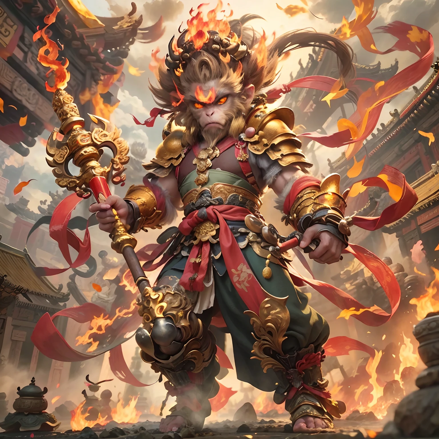 1个Monkey King，Monkey King holds Golden Cudgel，((Fire-eyed golden eyes:1.5))，((Complete Golden Cudgel)),Put on the Flame Armor，Fighting posture，Red ribbon，Clouds of flame under your feet,tmasterpiece，((The background is the Forbidden City, an ancient city in the East))，Cloud fog，8K，high definition resolution，Detailed detail drawing，very photoreal，