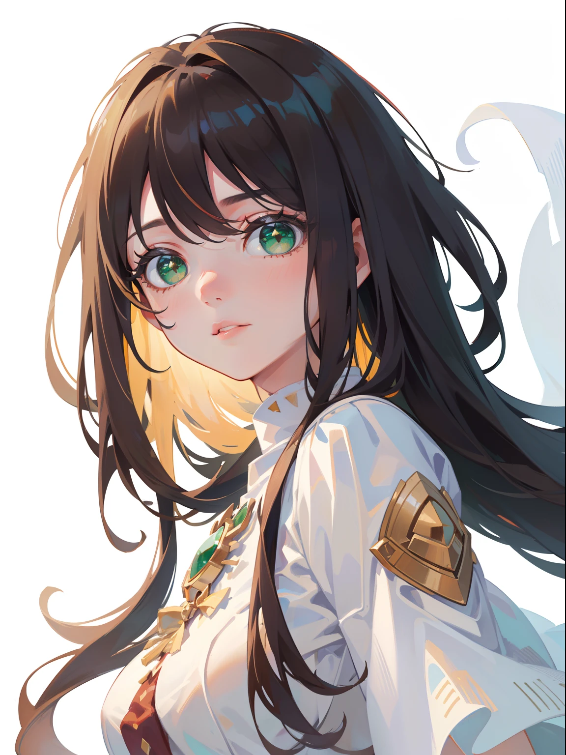 (masterpiece), (best quality), ultra high res, sharp focus, ((1 woman, solo)), character design, beautiful detailed hair, chestnut brown hair, long hair tumbles down, beautiful detailed face, ((beautiful shape eyes, green eyes)), perfect feminine face, comfortable  face, feminine light homey outfit, (white background:1.5)