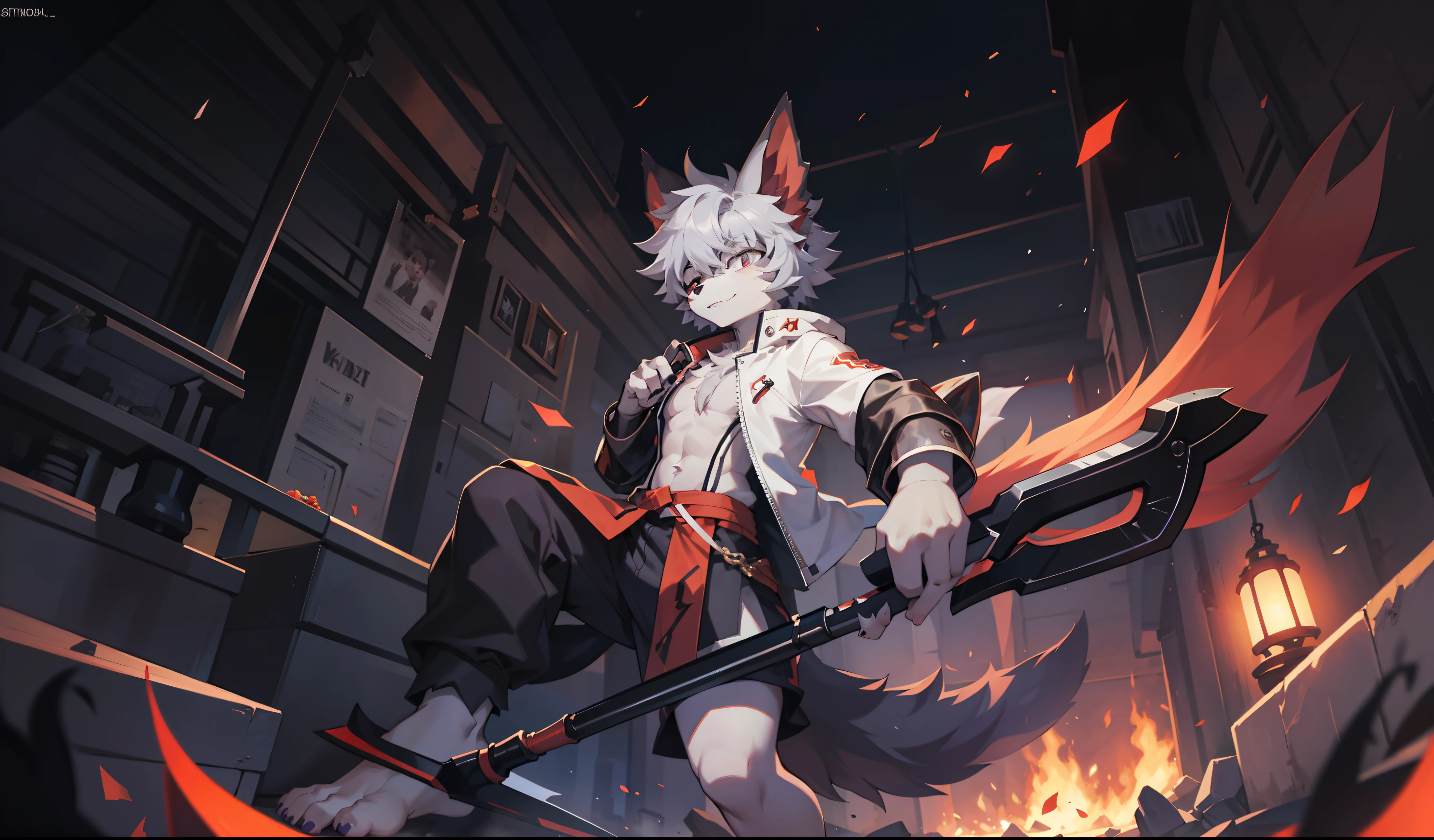 overcast light，Dim environment，dark themes，solo person，Furry，hairy chest，red fox，Shota，canid，Gray fur，with short white hair，The ends of the hair are purple，a purple eye，Bullied，adolable，Handsome，large tail，full bodyesbian，With a scythe in his hand，Barefoot paws，furry paw，Young style，Whole body diagram，Stand up，Look up from the bottom up，Big perspective，canine feet，Strike a hack-and-kill pose