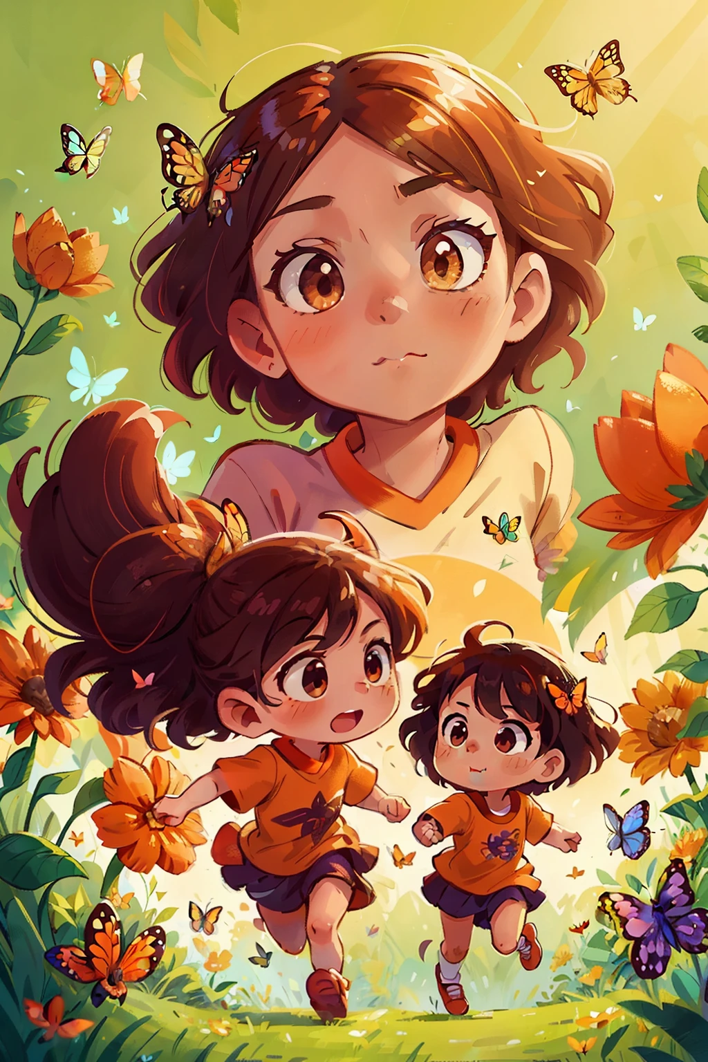 Génère une image de deux très jeunes filles courant joyeusement dans un champ fleuri, entouré de papillons de différentes nuances de couleurs, Beau visage délicat avec des yeux orange séduisants, pointu , Vue d&#39;en-haut