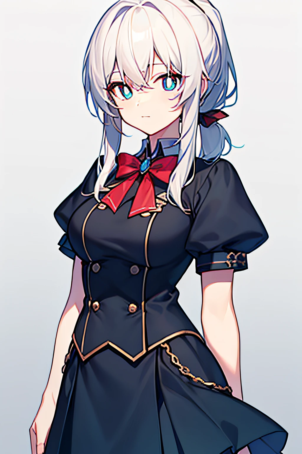 White hair, single ponytail, standing, blue pupils, hip skirt, bust like GOC