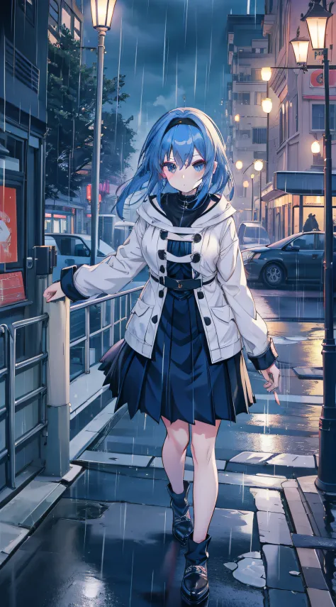 anime girl, alone, blue hair, medium length hair, headband, shaded pleated skirt, park, winter, night, streetlight, gothic dress...