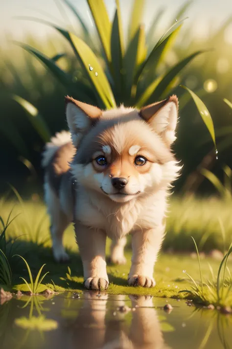 Early morning atmosphere, beautiful natural landscape, thick grass, macro photography in the grass, dew drops with reflection, macro photography of a cute baby wolf, macro photography