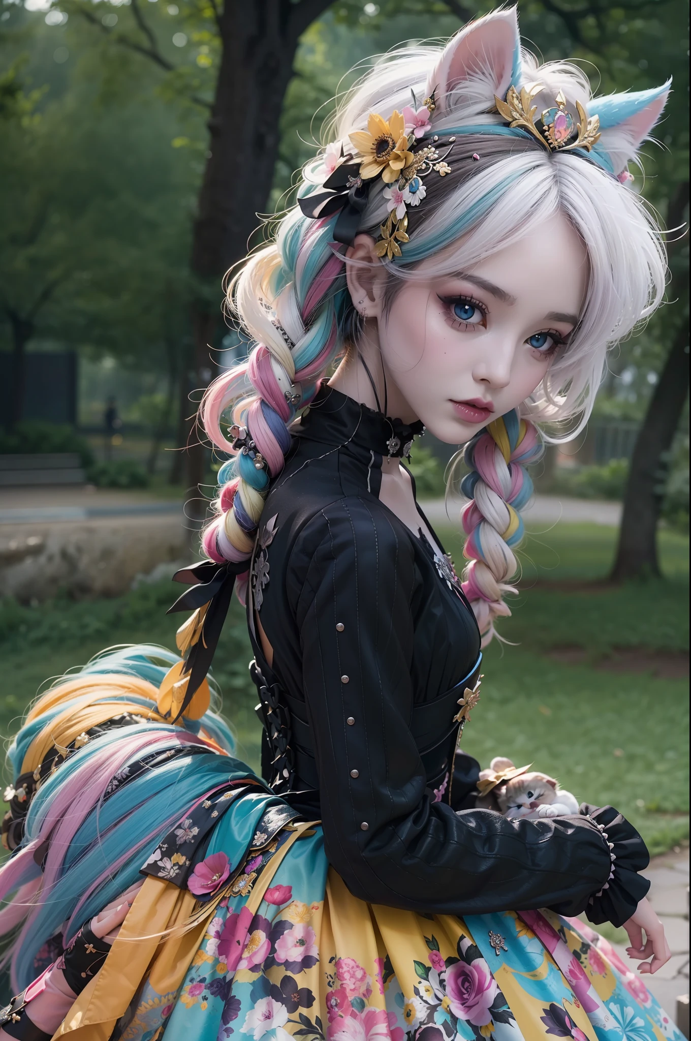 En un hermoso parque una mujer de aspecto moderno. Tiene un estilo gótico kawaii muy colorido y llamativo..., con un maquillaje elegante y una peluca colorida. (gato extraño)