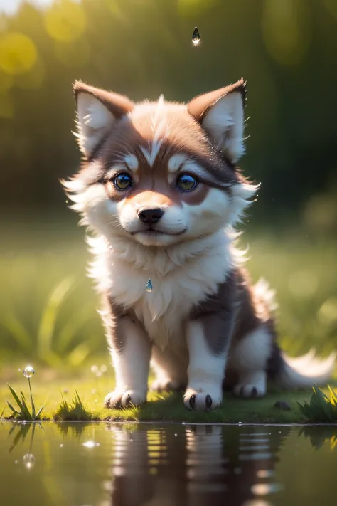 Early morning atmosphere, beautiful natural landscape, thick grass, macro photography in the grass, dew drops with reflection, macro photography of a cute baby wolf, macro photography