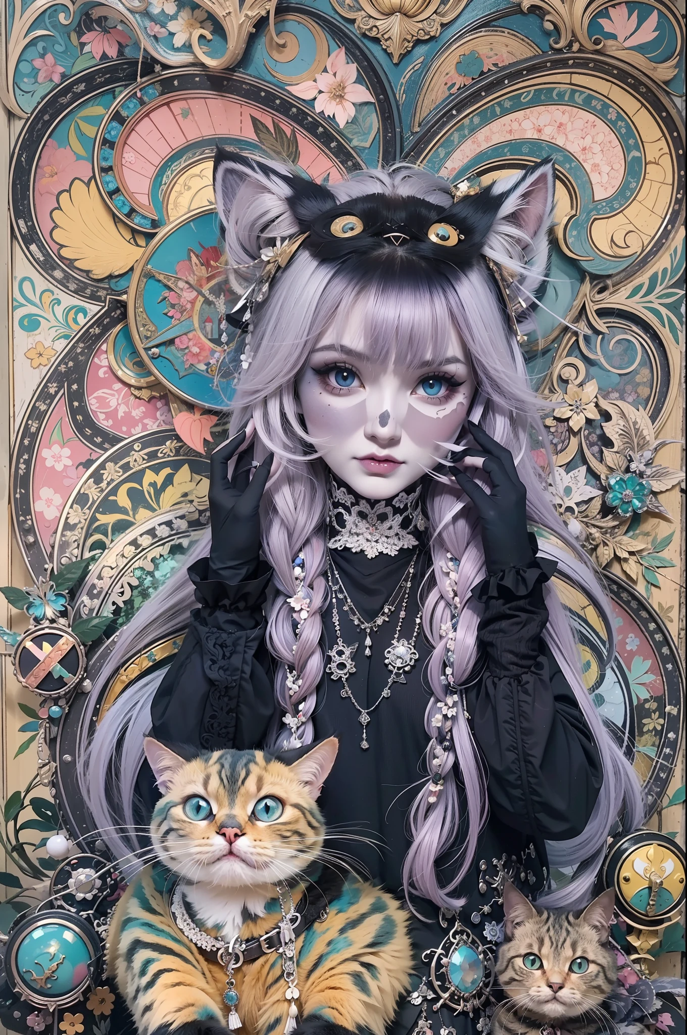 En un hermoso parque una mujer de aspecto moderno. It has a very colorful and striking kawaii gothic style.., con un maquillaje elegante y una peluca colorida. (Strange Cat)