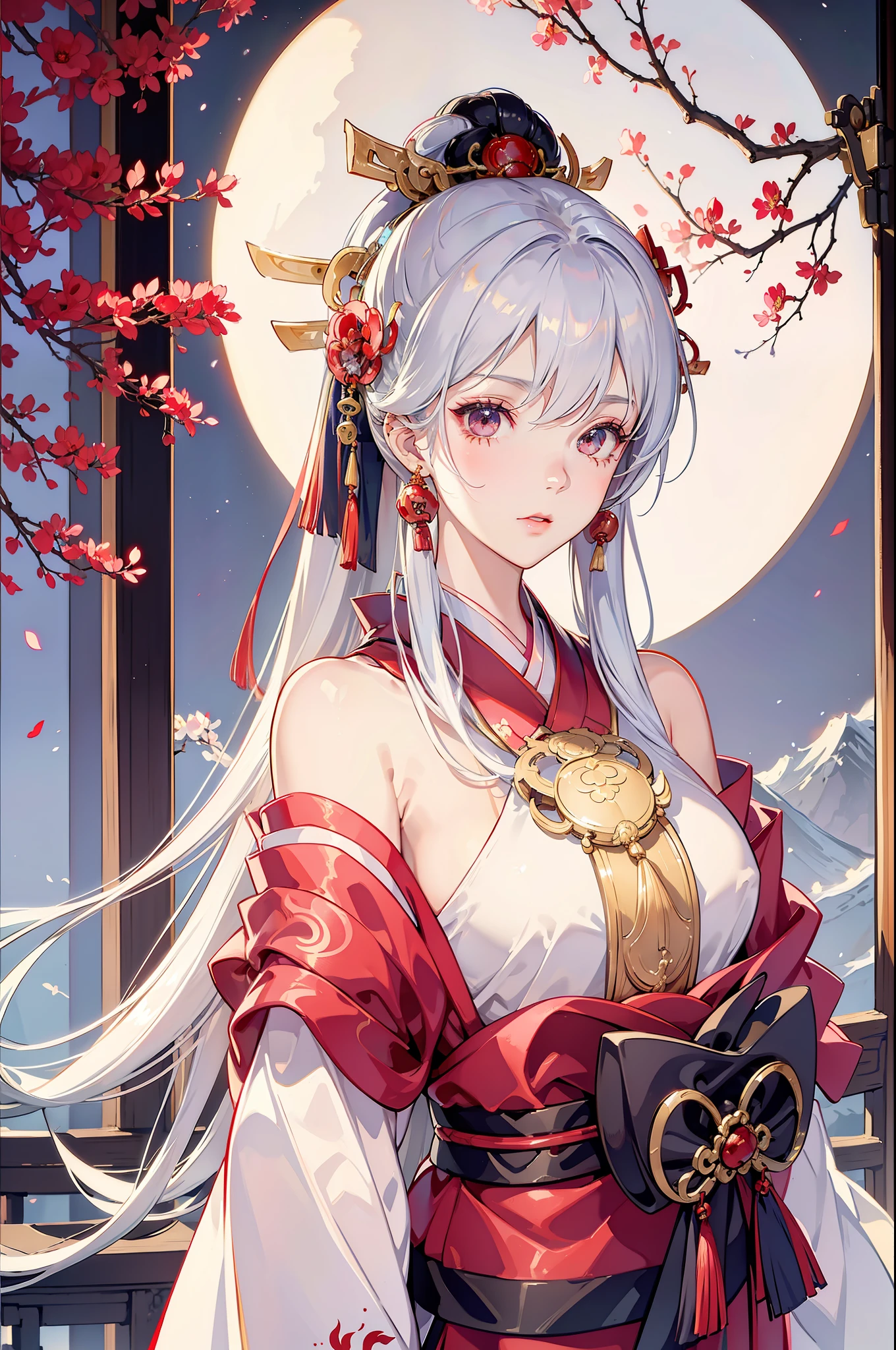 Silvery-white hair，red color eyes，Japanese kimono，jpn，Heian period，Shrine background，Contre-Jour，Cinematic texture，Light and shadow changes，Pull half of your body closer